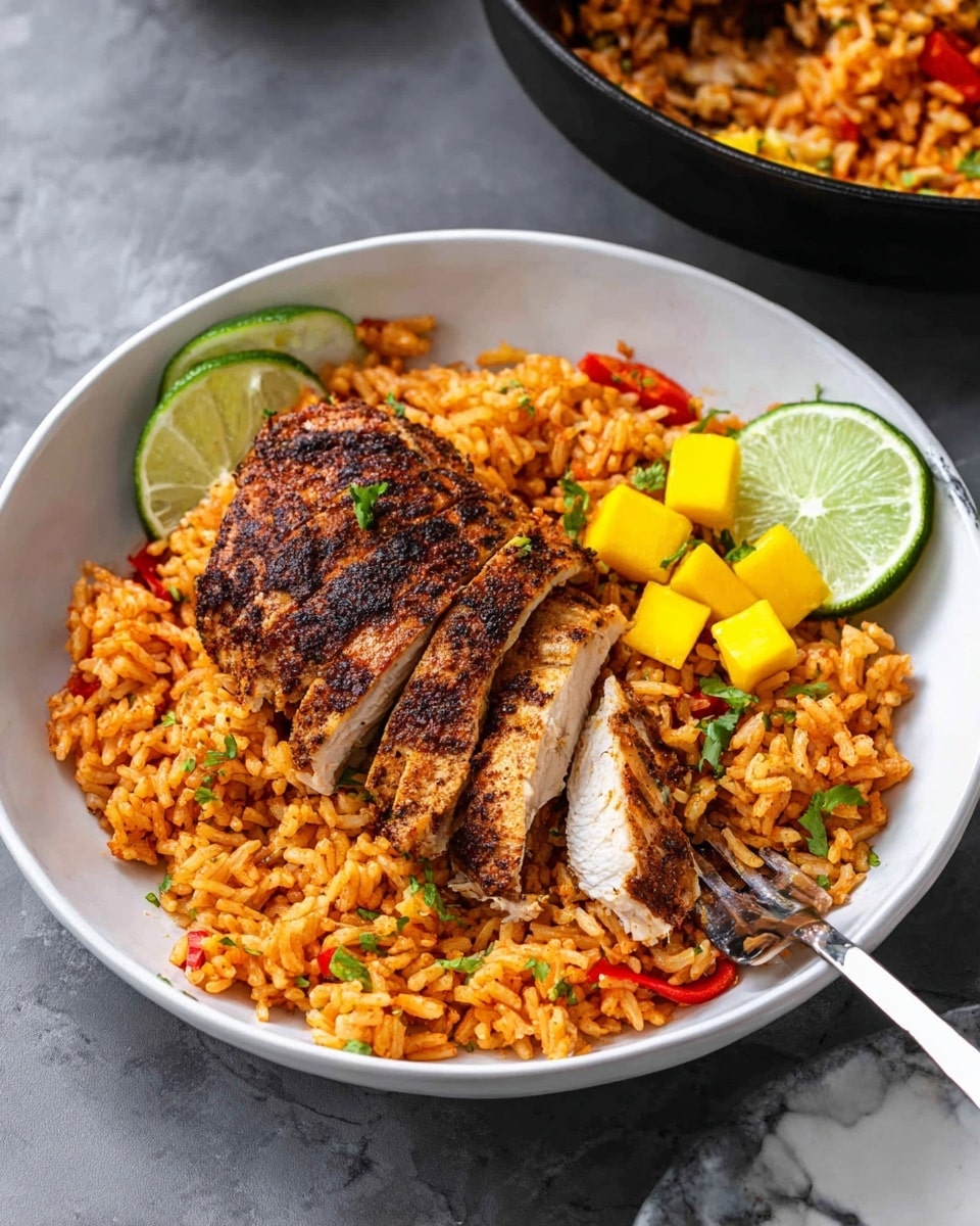 A white bowl is filled with a bed of orange-colored seasoned rice that has bits of red peppers mixed throughout, creating a textured base. On top, there is a sliced piece of grilled chicken with a dark, spiced crust revealing juicy white meat inside. To one side of the chicken, two thin lime slices add a fresh green accent, next to small bright yellow mango cubes. A silver fork rests on the edge of the bowl, slightly pressing into the rice and chicken. The bowl is placed on a white marbled surface with a second bowl partially visible nearby. Photo taken with an iphone --ar 4:5 --v 7