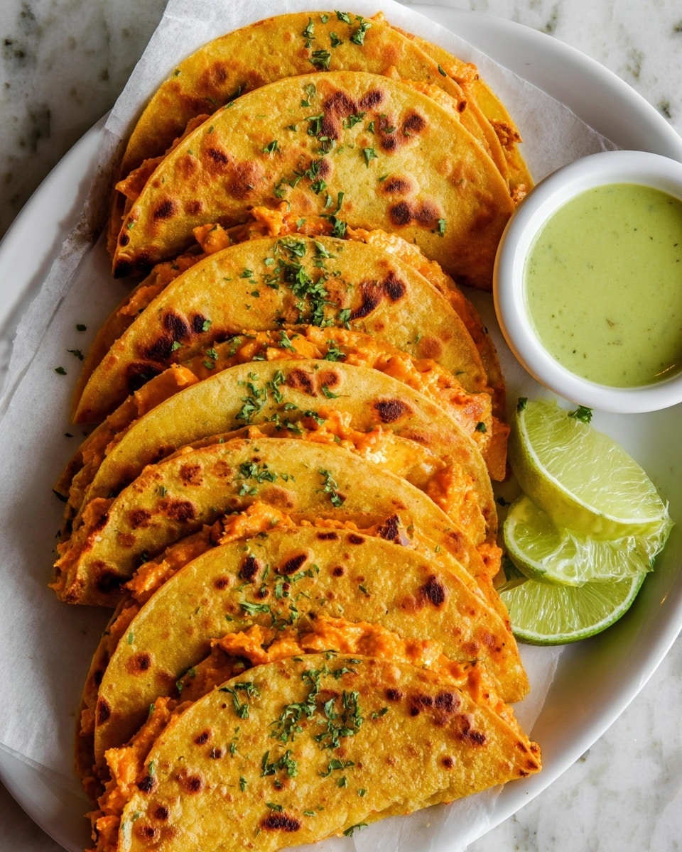 Five golden-brown tacos are lined up on a white plate with parchment paper, each folded in half holding an orange filling with a soft texture and bits of green herbs sprinkled on top. The tortillas have spots of darker brown where they were cooked, giving them a crispy look. On the side of the plate, three lime wedges with green skin and pale green flesh add a fresh touch. A small white bowl with green sauce sits next to the plate, all placed on a white marbled surface. photo taken with an iphone --ar 4:5 --v 7