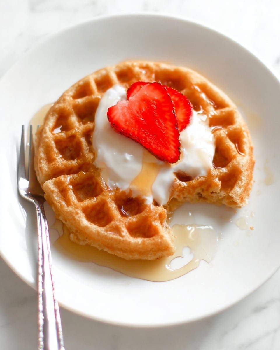 A single round waffle with a golden-brown color sits on a white plate over a white marbled surface. The waffle has one small bite taken out of its edge. On top of the waffle is a dollop of white cream or yogurt with a small drop of honey next to it. A fresh red strawberry slice lies partially on the cream, adding a bright contrast. Some light syrup or honey is drizzled over the waffle and plate next to it. A silver fork is placed near the bottom left of the plate. photo taken with an iphone --ar 4:5 --v 7