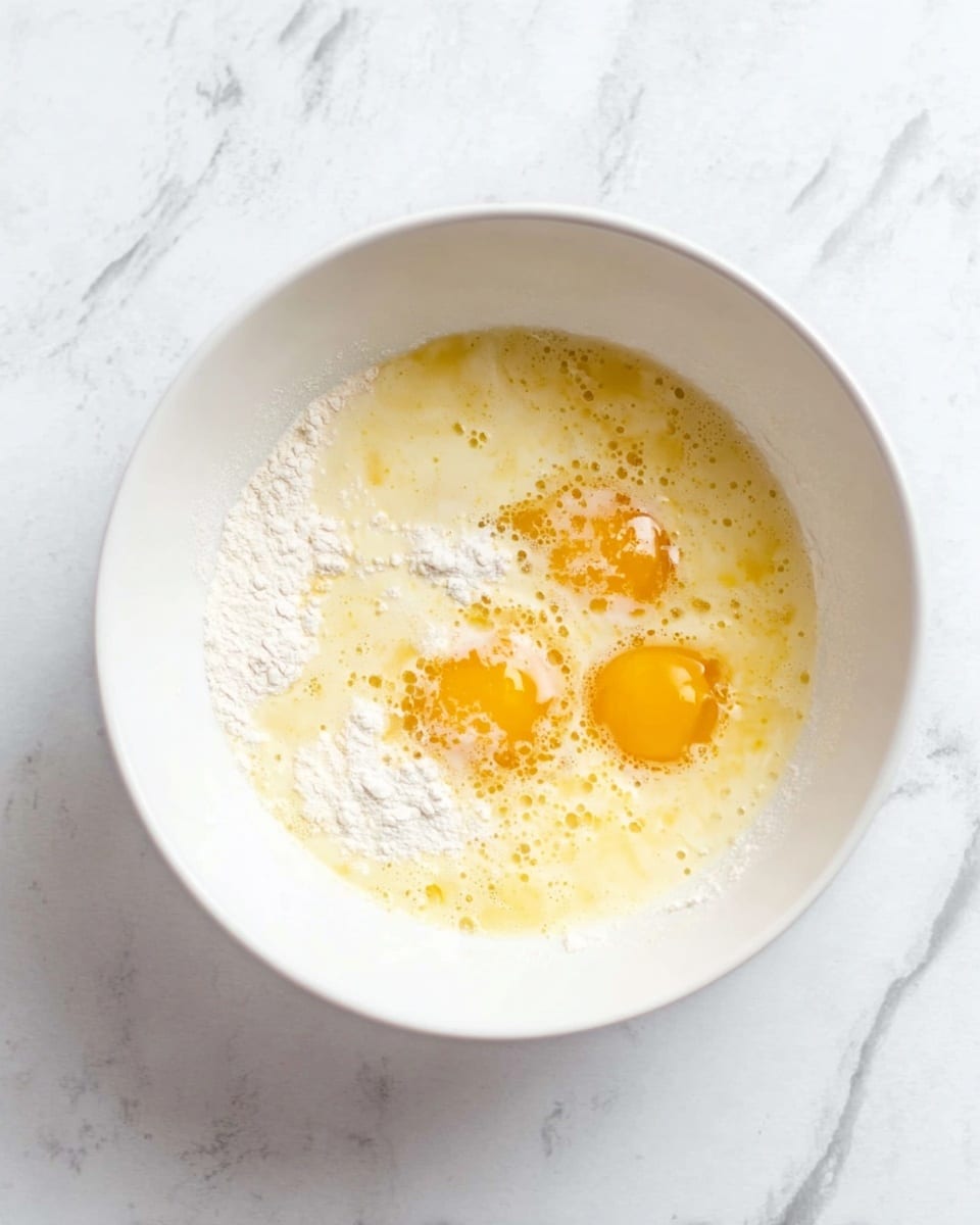A white bowl rests on a white marbled surface, containing a mixture of ingredients before being mixed. There are two egg yolks visible in the lower right part of the bowl, bright yellow and round, surrounded by a pale yellow batter. On top and around the eggs, white flour and some bubbled liquid, likely milk, create a creamy, uneven texture across the bowl. The ingredients sit in distinct layers but are starting to blend. Photo taken with an iphone --ar 4:5 --v 7