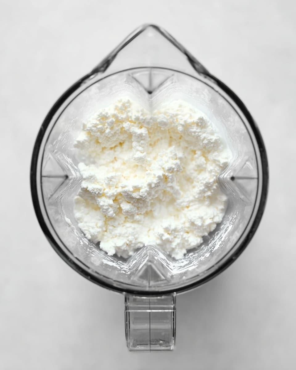 A clear blender jar is shown from above on a white marbled texture, filled with a single layer of white, lumpy cottage cheese that has a soft and slightly grainy texture. The blender jar has sharp edges and a handle at the bottom center of the image. The image is clean and bright with no other objects in view photo taken with an iphone --ar 4:5 --v 7