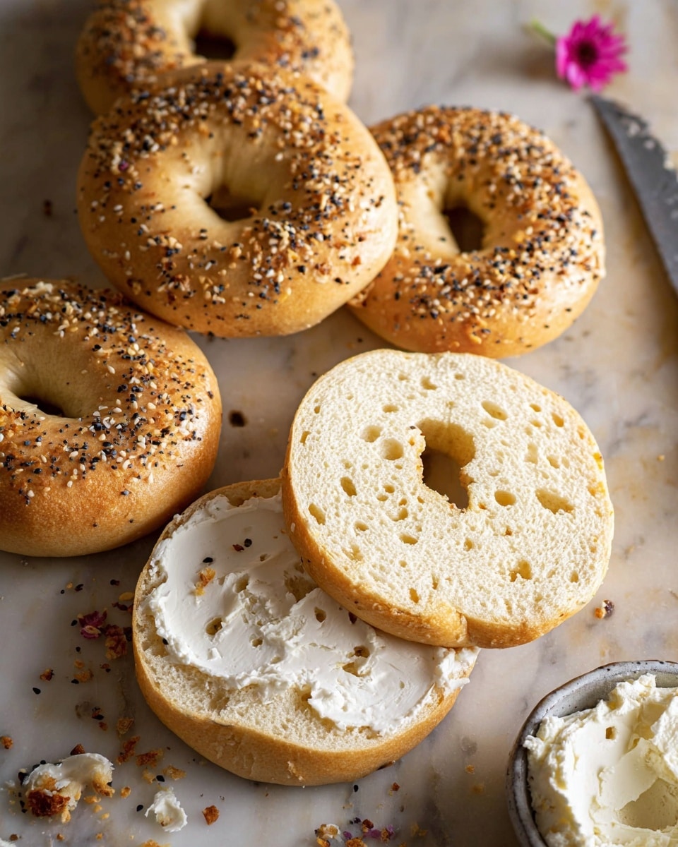 The image shows several round bagels with a golden brown crust topped with a mix of black and white sesame seeds and other seasoning bits, lying flat on a white marbled surface. One bagel is sliced in half horizontally, revealing a soft, pale yellow interior with small air holes. The top half of this sliced bagel has a thick layer of creamy white spread evenly applied. Near the sliced bagel, a silver knife with some of the white spread on it rests on the surface. In the bottom part of the image, there is a small bowl filled with extra white spread. A small pink flower is placed near the bagels, providing a delicate touch. photo taken with an iphone --ar 4:5 --v 7