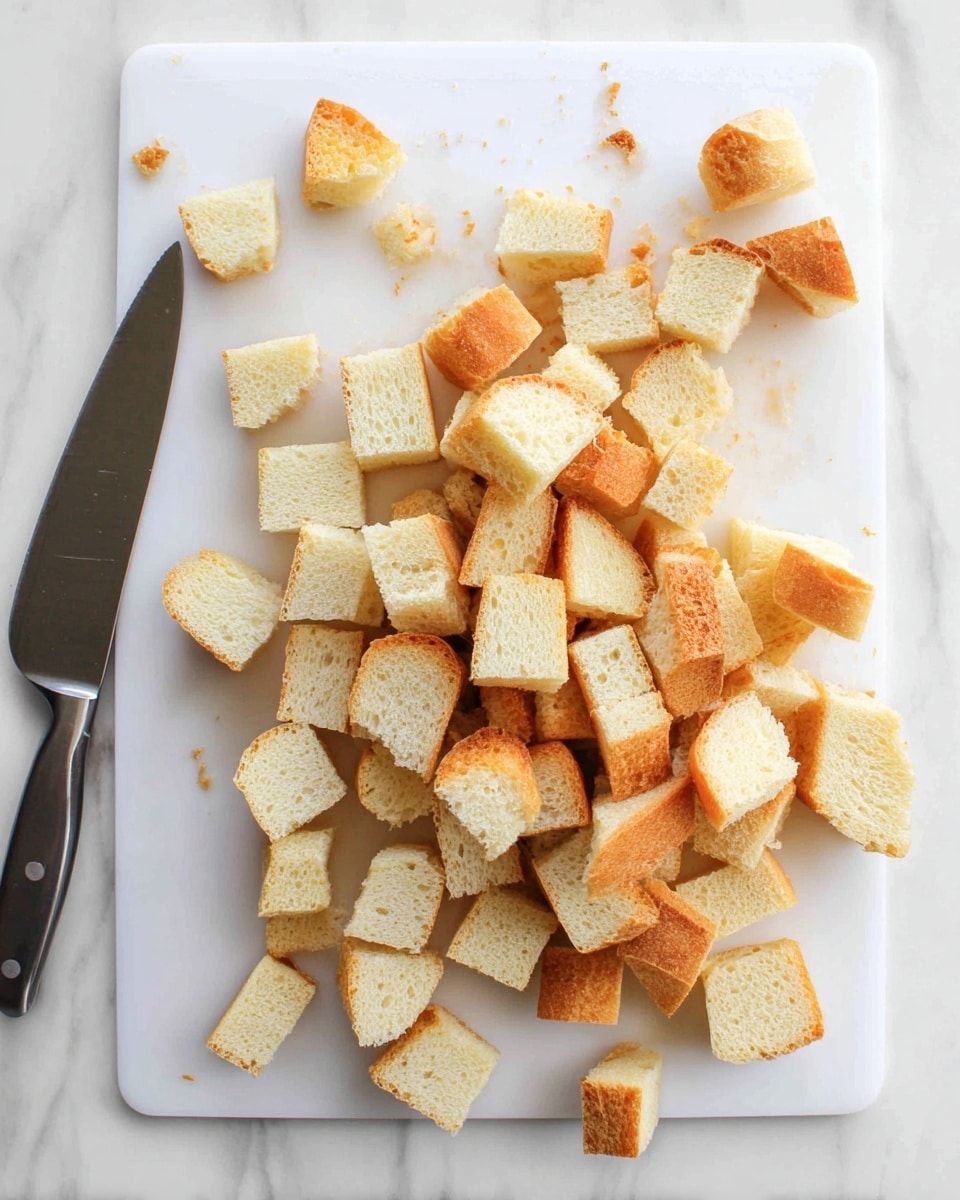 A white cutting board with a large knife on the left side and many small square bread cubes scattered in the middle and right side; the bread cubes have golden brown crusts and light yellow soft centers, showing a fluffy texture, all sitting on a white marbled surface photo taken with an iphone --ar 4:5 --v 7