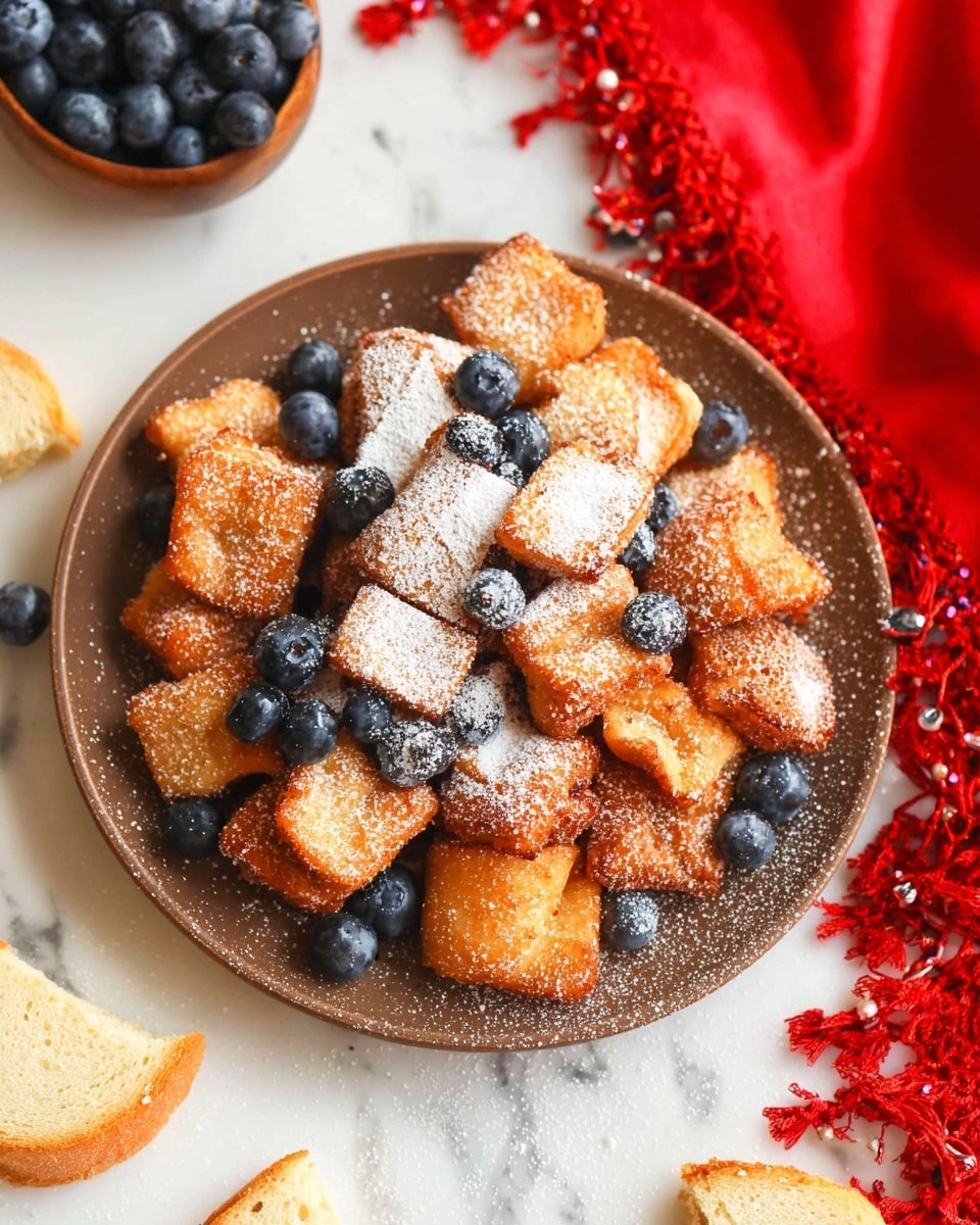 A round brown plate sits on a white marbled surface, filled with many small square and rectangular pieces of crispy fried dough that are golden brown with a light dusting of white powdered sugar. Scattered around and on top of the pieces are fresh dark blue blueberries. In the background, a bright red cloth with fringed edges adds a splash of color near the top right corner. Additional blueberries and small pieces of light golden bread are placed around the plate on the white marbled surface. photo taken with an iphone --ar 4:5 --v 7