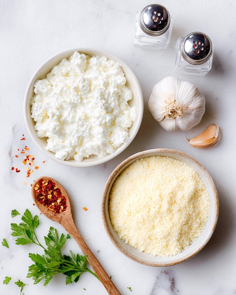 The image shows two white bowls on a white marbled surface, one filled with a white, lumpy cottage cheese-like texture and the other with a pale yellow grated cheese powder. Nearby are two clear salt and pepper shakers, a whole garlic bulb with two garlic cloves, a wooden spoon holding red chili flakes, and a fresh green parsley sprig. The items are arranged neatly with a clean, bright background. photo taken with an iphone --ar 4:5 --v 7