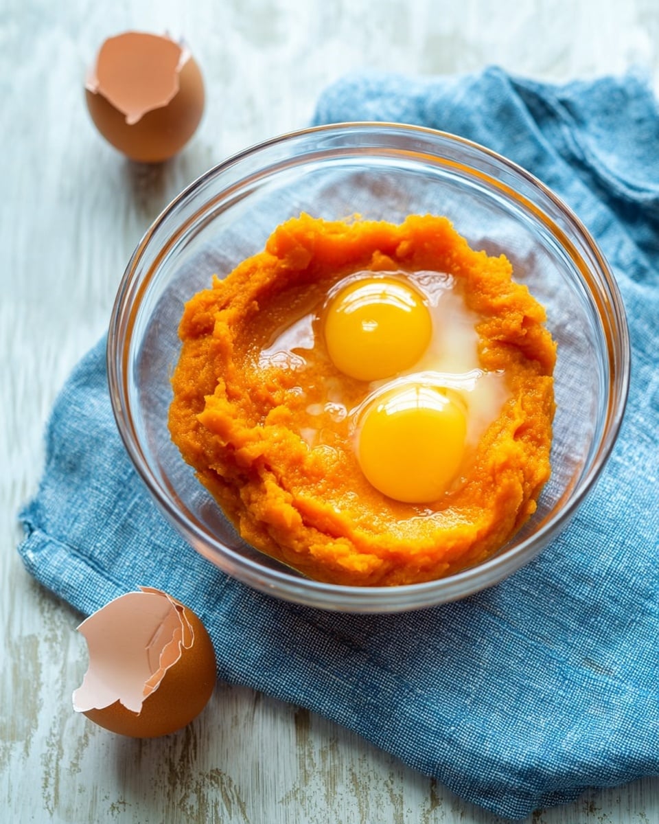 A clear glass bowl sits on a blue cloth on a white marbled surface. Inside the bowl, there is one thick layer of bright orange mashed sweet potatoes with a smooth but slightly chunky texture. On top of the orange layer, there are two raw eggs with shiny, pale yellow yolks and clear whites. Next to the bowl, there is a cracked brown eggshell. The overall look is fresh and ready to be mixed. photo taken with an iphone --ar 4:5 --v 7