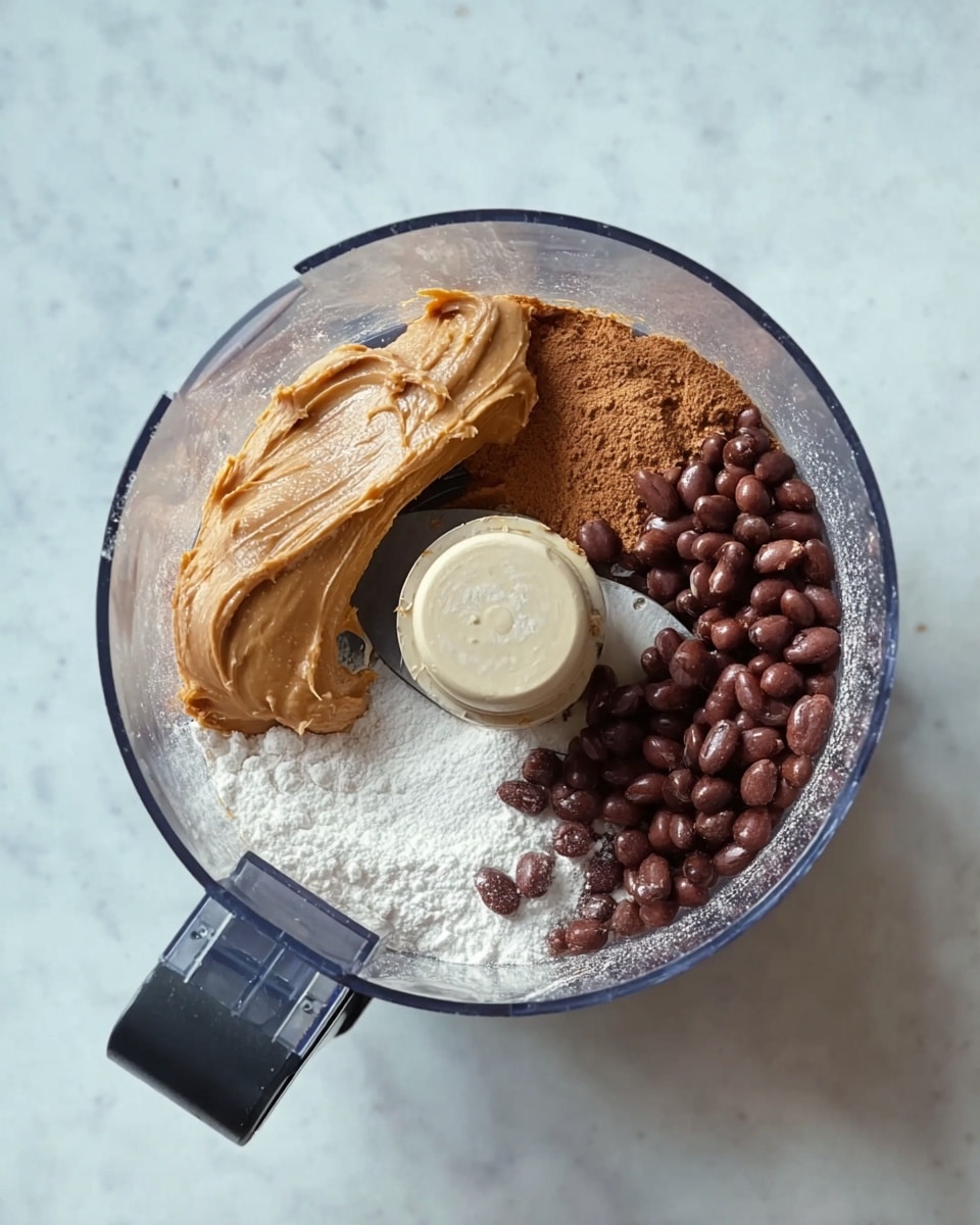 A clear food processor bowl sits on a white marbled surface, filled with several ingredients ready to blend. Inside, there is a large dollop of light brown peanut butter on the top right side, shiny dark brown beans clustered on the lower right, and a scattered white powder, likely sugar or flour, near the beans and along the left edge. The food processor blade sits centered within the bowl, and the handle extends out to the left. photo taken with an iphone --ar 4:5 --v 7