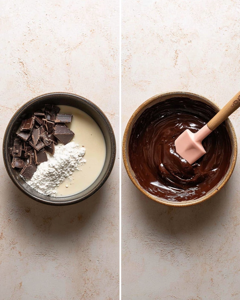 Two side-by-side images show a small dark bowl with ingredients and then mixed chocolate. On the left, the bowl holds three layers: a smooth, pale cream layer filling most of the bowl, scattered dark brown broken chocolate pieces on top, and a small pile of white powder beside the chocolate. On the right, the bowl contains a thick, shiny dark brown chocolate mixture with a pale pink spatula resting inside, coated with the chocolate. The surface below the bowl is a white marbled texture. photo taken with an iphone --ar 4:5 --v 7