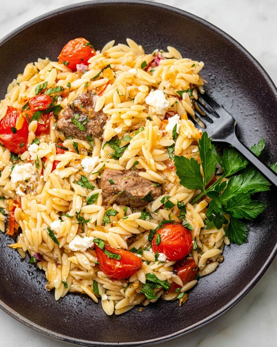 A close-up view of a dish served on a white plate shows a mix of orzo pasta, cooked cherry tomatoes, and chopped herbs, creating a mix of light yellow, red, and green colors. Among the pasta, pieces of browned meat sit near the center with small bits of white cheese sprinkled around. Bright green parsley leaves are placed on one side near the edge. A black fork rests at the bottom right on the plate, partially under the orzo. The whole plate is against a white marbled surface. photo taken with an iphone --ar 4:5 --v 7