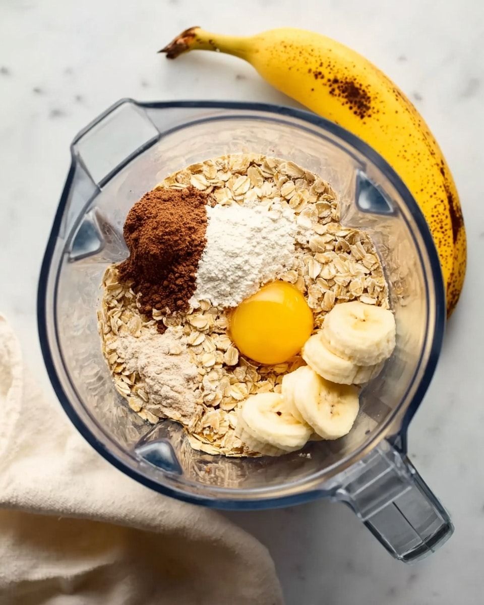 A clear blender container placed on a white marbled surface shows several ingredients inside. At the bottom, there is a layer of beige rolled oats with a coarse texture. On top of the oats, there is a mix of white powder (likely baking soda) and a small pile of dark brown powder (probably cinnamon or cocoa). A bright yellow egg yolk rests near the powders, partially covered by a group of thick banana slices placed on the right side of the blender. A white cloth is partially visible in the lower left corner, and a whole yellow banana with brown spots lies on the upper right side of the surface. Photo taken with an iphone --ar 4:5 --v 7
