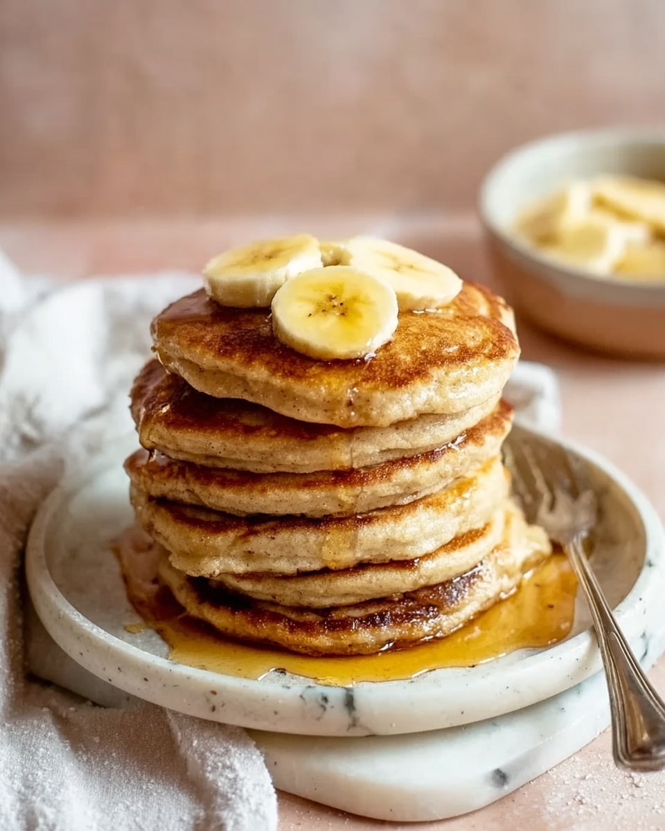 A stack of five thick, golden-brown pancakes sits centered on a white plate, each pancake fluffy with slight browning on the edges and surface. On top, there are three sliced banana pieces, light yellow with soft texture, arranged neatly. Syrup drizzles down from the top, glossy and amber, pooling softly around the base of the pancake stack. The plate rests on a white marbled surface, and a silver fork lies to the side. In the background, a blurred bowl with more sliced bananas adds depth. The scene is softly lit and cozy. Photo taken with an iphone --ar 4:5 --v 7
