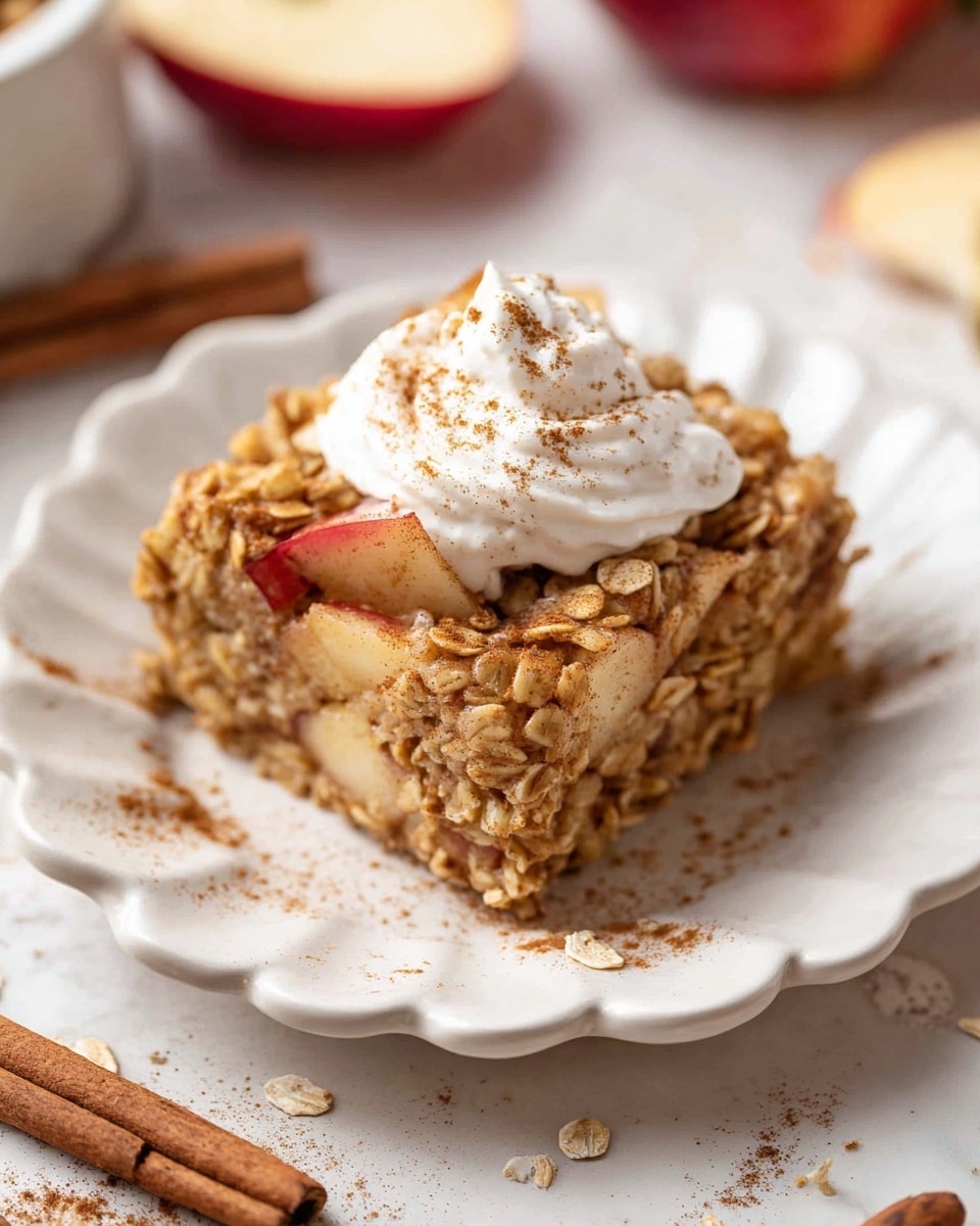 A square piece of baked oatmeal sits in the center of a white, scalloped plate on a white marbled surface. The oatmeal has a textured top layer filled with visible chunks of red apple and oats, showing a warm golden-brown color. On top, there is a generous dollop of white, creamy whipped topping sprinkled lightly with brown cinnamon powder. Around the plate, there are small scattered cinnamon specks and blurred pieces of apple and cinnamon sticks in the background. photo taken with an iphone --ar 4:5 --v 7
