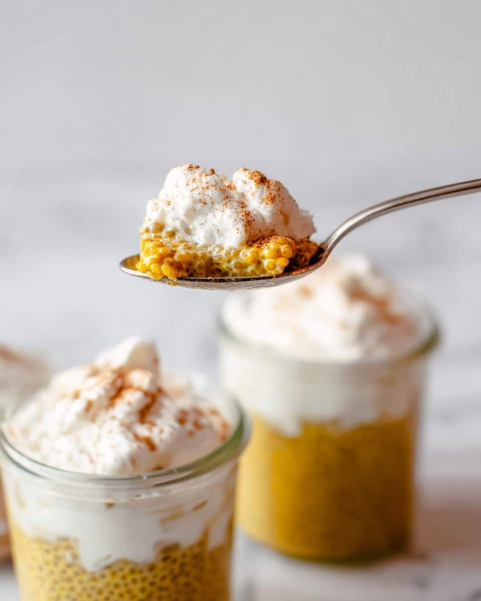 The image shows a close-up of a silver spoon holding a small serving of a dessert with two layers: the bottom layer is a golden, textured pudding with visible chia seeds, and the top layer is white whipped cream sprinkled with a light brown powder, likely cinnamon. Below the spoon are two clear glass jars on a white marbled surface; each jar contains the same layered dessert, with the golden pudding at the bottom and a large dollop of white whipped cream on top, also lightly dusted with brown powder. The focus is on the spoon and jars, and the background is softly blurred. photo taken with an iphone --ar 4:5 --v 7