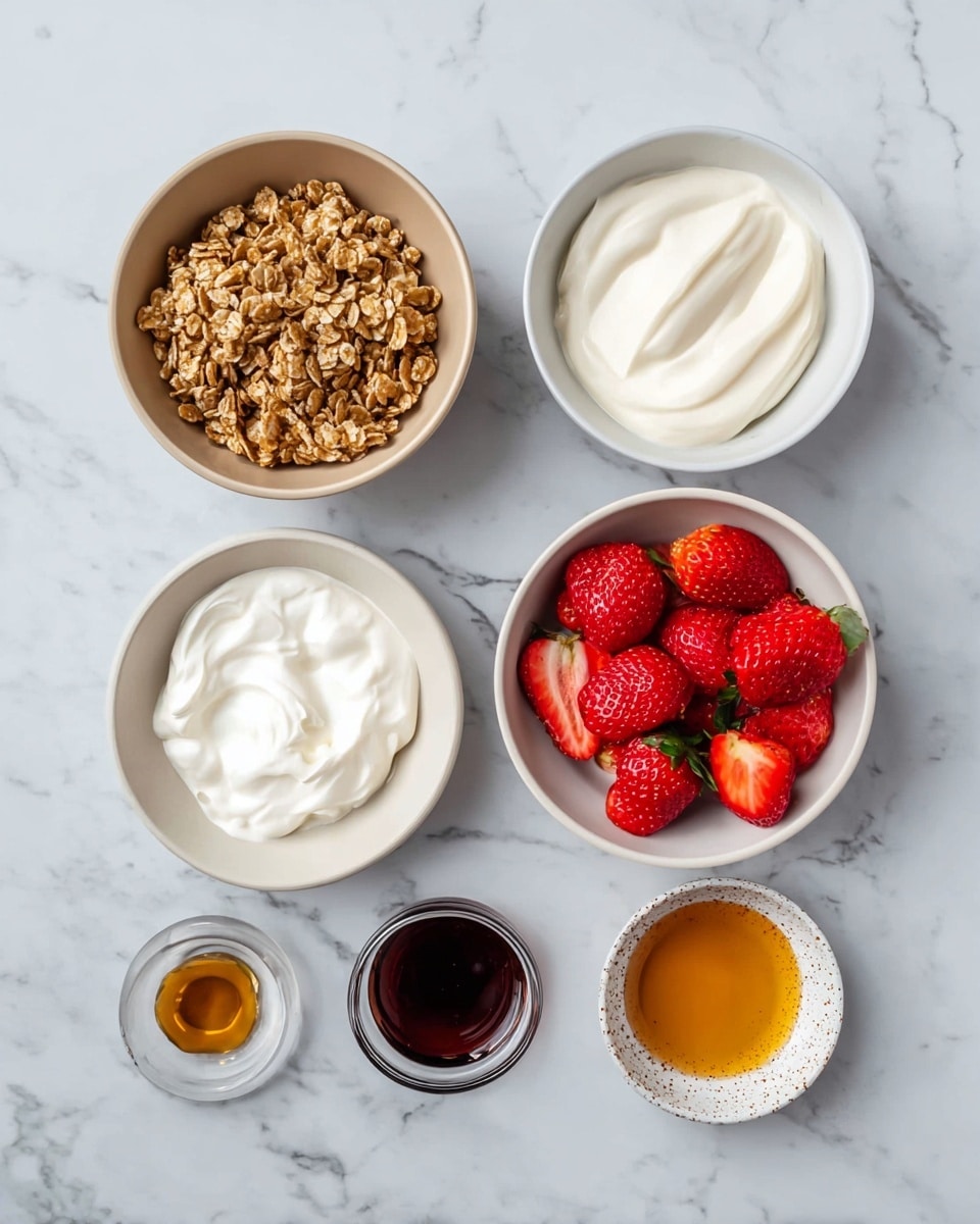 The image shows six bowls placed on a white marbled surface. At the top left is a beige bowl filled with light brown granola clusters. To its right is a beige bowl with thick, smooth white cream. Next to it on the right is a white bowl filled with bright red strawberries, some whole and some halved. At the bottom left corner is a small white bowl containing thick white cream. In the center bottom is a tiny clear glass bowl with dark brown vanilla extract. At the bottom right is a white speckled bowl filled with golden honey. The arrangement is neat, with bowls spaced evenly. photo taken with an iphone --ar 4:5 --v 7