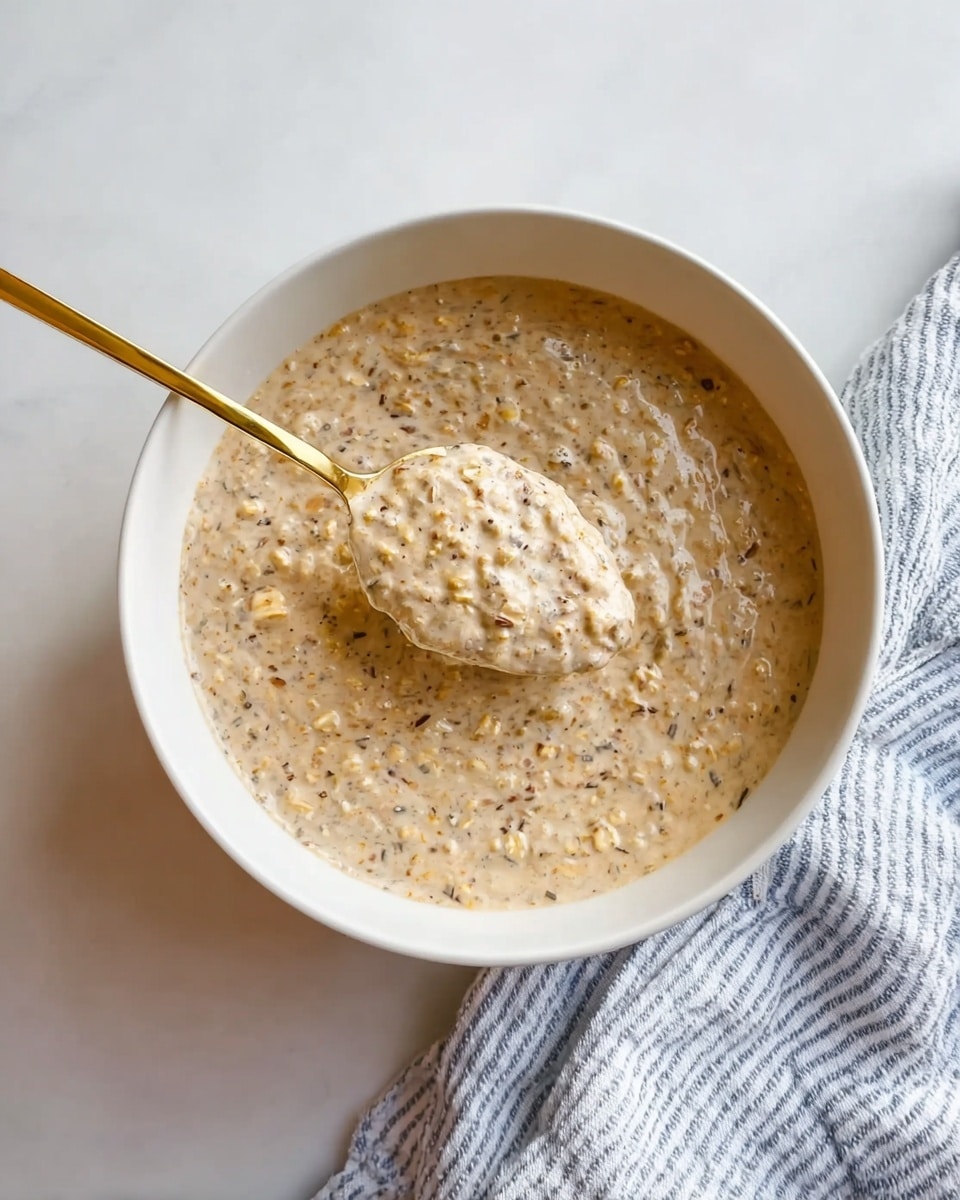 A white bowl filled with a thick creamy mixture that is light brown in color with visible small pieces of oats and seeds mixed evenly throughout. A gold spoon is scooping up some of the mixture from the middle of the bowl, showing its chunky texture. The bowl sits on a white marbled surface with a cloth napkin with blue stripes placed near the top right corner. The scene is bright with soft natural light. photo taken with an iphone --ar 4:5 --v 7