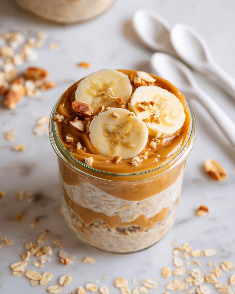 A small clear glass jar shows three main layers: at the bottom, there is a creamy oatmeal mixture with a smooth texture and light beige color with visible oats; the middle layer is a thick, glossy peanut butter spread in rich golden-brown color; the top layer has three neatly placed banana slices, pale yellow with a soft texture, accompanied by small chopped nuts scattered over the peanut butter. The jar sits on a white marbled surface, with some oats and nut pieces spread around, and two white spoons are placed nearby. Photo taken with an iphone --ar 4:5 --v 7
