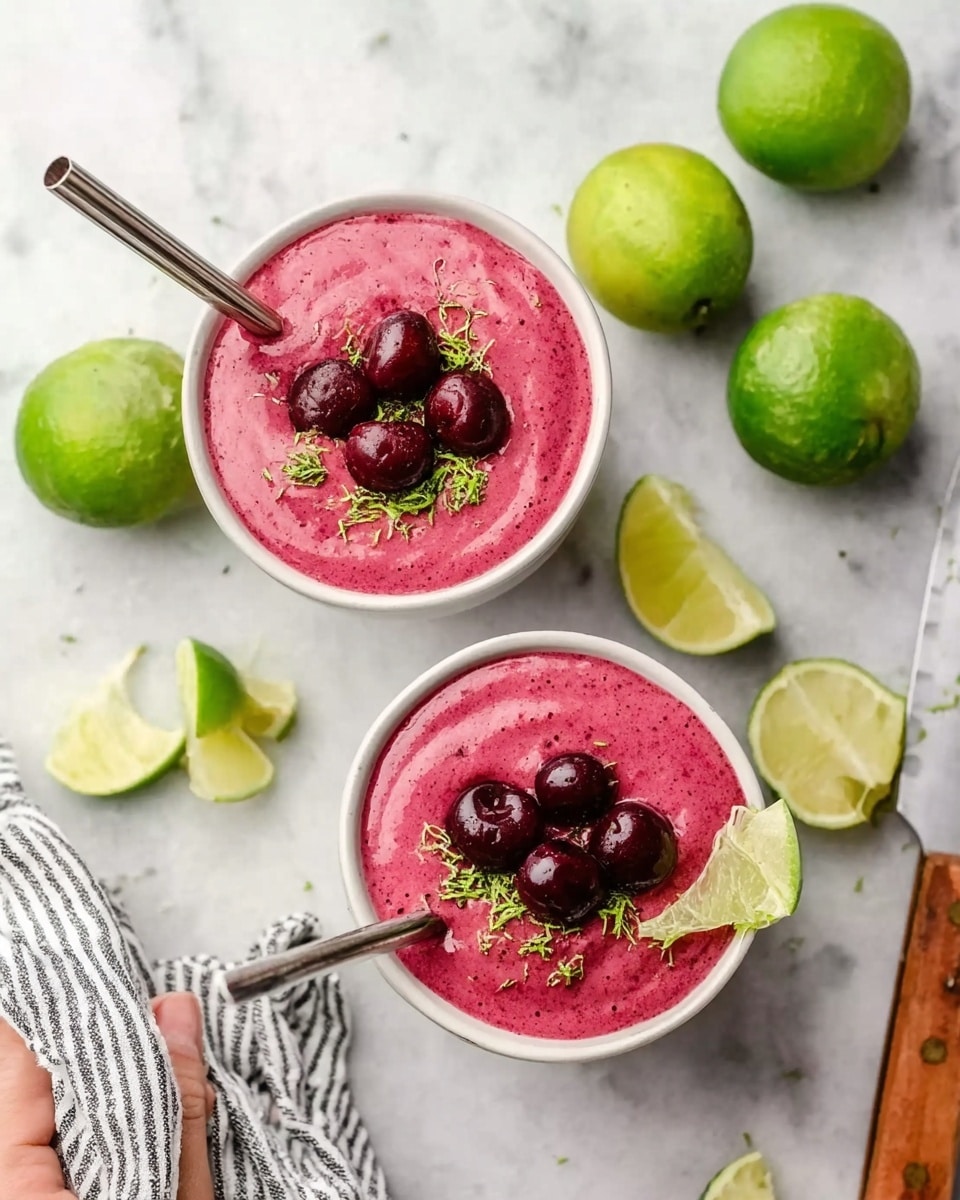 Two white bowls filled with a thick pink smoothie topped with three dark red cherries and green lime zest. Each bowl has a metal straw on the left side and a lime wedge on the rim. The bowls are placed on a white marbled surface, surrounded by whole green limes, lime slices, a knife with a wooden handle on the right, and a woman's hand partially visible at the bottom left holding a striped cloth. The photo taken with an iphone --ar 4:5 --v 7