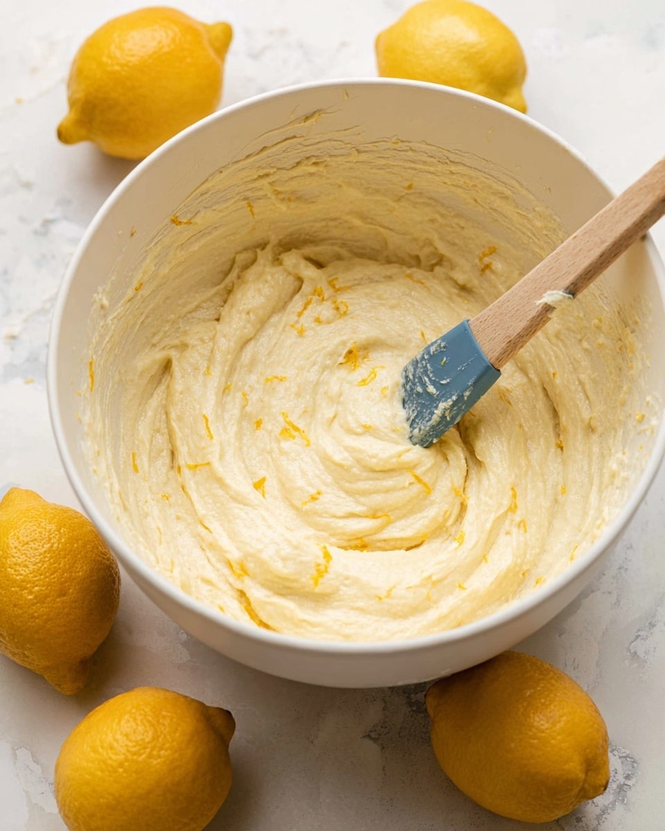 The image shows a white mixing bowl filled with light yellow batter that has a thick and creamy texture, with small bits of lemon zest visible throughout. A wooden spatula with a blue rubber edge rests inside the bowl, partially submerged in the batter. Three bright yellow lemons sit around the bowl on a white marbled surface. The overall look is fresh and simple, focusing on the batter and lemons. photo taken with an iphone --ar 4:5 --v 7