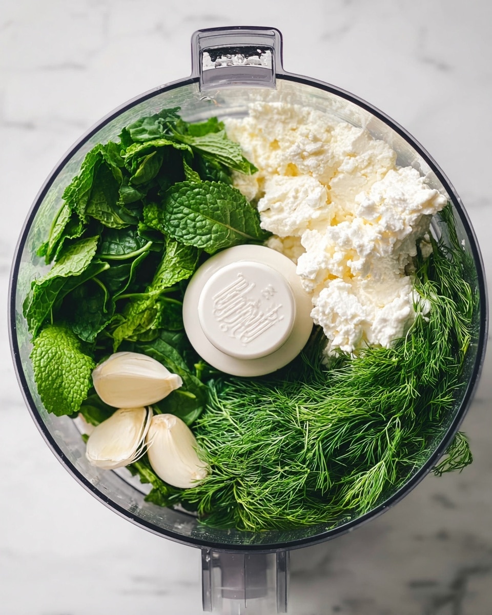 A clear food processor bowl sits on a white marbled surface, filled with fresh ingredients separated into sections around a central white blade cover. On the left side, dark green spinach leaves and mint leaves create a lush texture. Next to them, crumbly white feta cheese is paired with a soft white creamy mix on the right side. At the bottom right, two peeled pale garlic cloves rest on a bed of feathery dill with dark green stems and delicate leaves. The mix of greens, creamy whites, and pale garlic creates a fresh and natural look. photo taken with an iphone --ar 4:5 --v 7