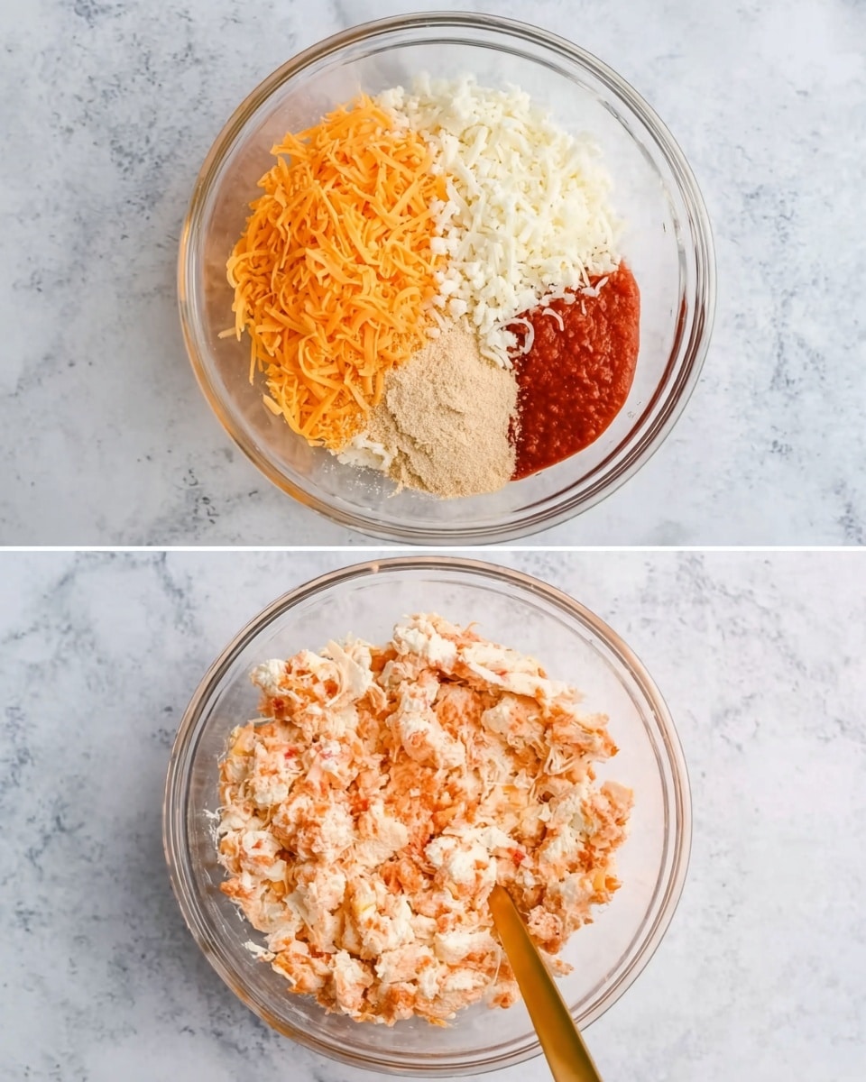 Two clear glass bowls are shown side by side on a white marbled surface. The left bowl has five layers: bright orange shredded cheese on the left, white crumbly cheese on the top right, a thick red sauce with a smooth texture on the bottom right, small beige powder in the center, and white crumbly food filling the bottom layer. The right bowl shows all ingredients mixed together into a soft, chunky, pale orange mixture with small white pieces visible. A gold spoon is standing upright in the center of the right bowl. Photo taken with an iphone --ar 4:5 --v 7