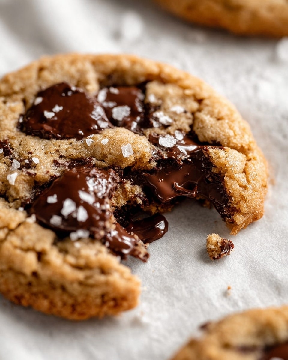 A close-up view of a broken cookie showing thick, melted dark brown chocolate chips melting on top of a rough-textured golden brown cookie. The cookie surface looks soft with a slightly crumbly edge, and a few flakes of coarse white salt are sprinkled on the warm chocolate. The cookie rests on white parchment paper over a white marbled surface. photo taken with an iphone --ar 4:5 --v 7