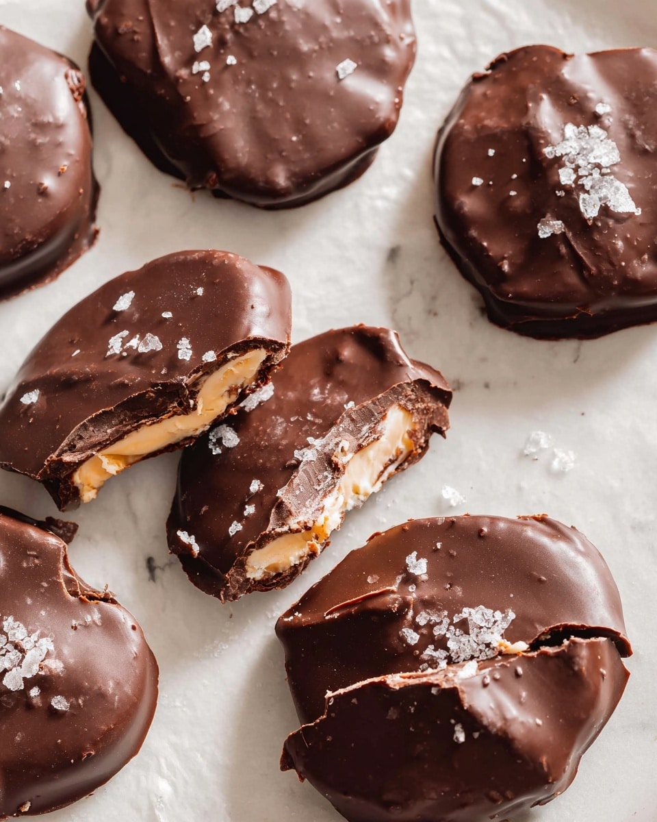 The image shows several round chocolate-covered treats on a white marbled surface. Each treat has one layer of light, creamy filling visible inside, topped with a thick, smooth dark chocolate layer that has a slightly shiny texture. Some chocolate pieces are broken, showing the creamy center inside. A few flakes of coarse sea salt are sprinkled on top of the chocolate layer, adding texture and contrast. The treats have a rough, irregular shape with small bumps under the chocolate surface. Photo taken with an iphone --ar 4:5 --v 7