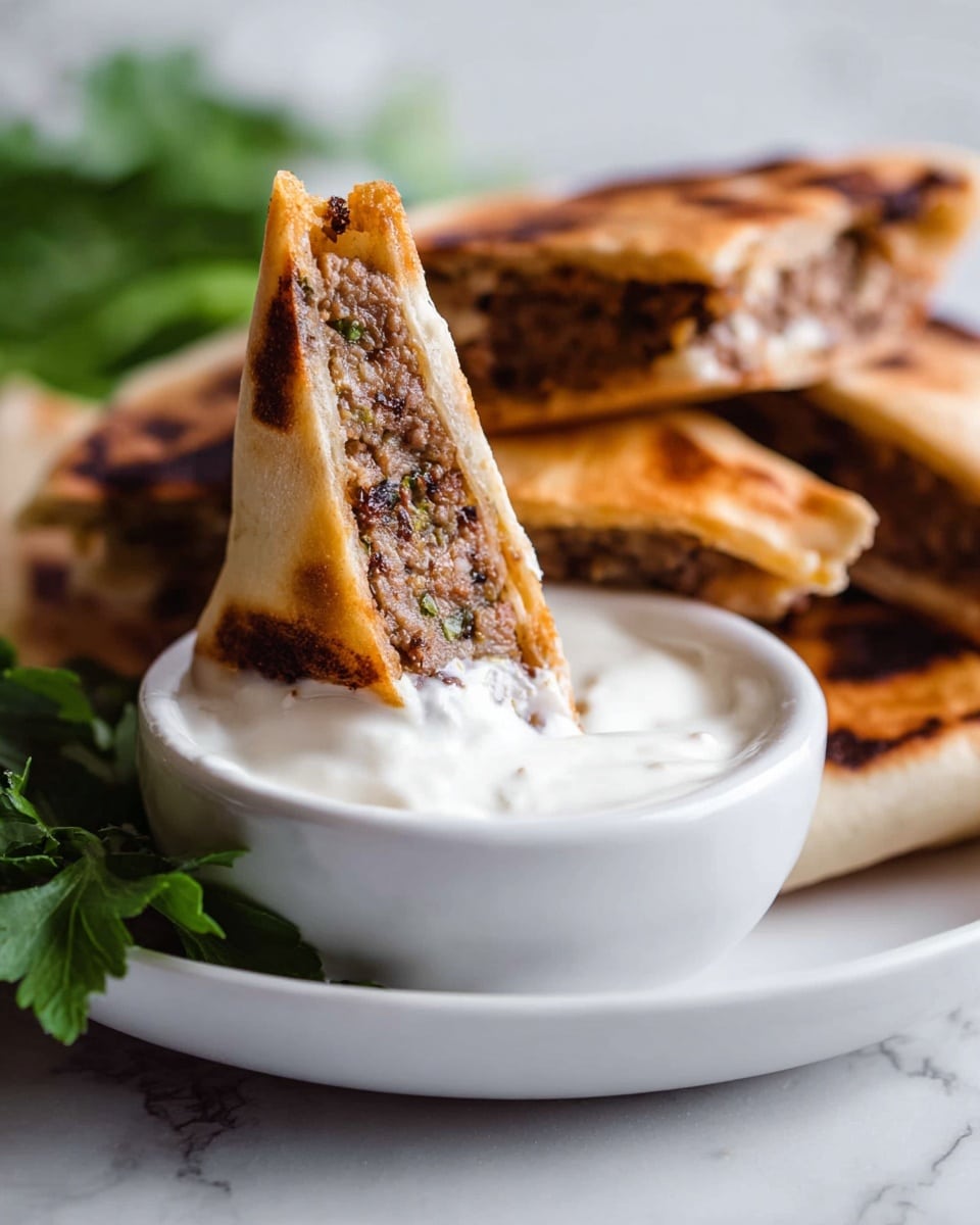 A close-up image shows a triangular-shaped flatbread with a golden-brown, grilled crust, standing upright inside a small white bowl filled with a smooth, creamy white dip. The flatbread has a thick layer of minced meat and herbs inside, visible in the cross-section, with some pieces of green herbs and spices mixed within the meat. In the background, several more pieces of the same flatbread are placed casually, slightly blurred. The plate holding the bowl is white and round, set on a white marbled surface, with fresh green herbs on the side adding a splash of color. photo taken with an iphone --ar 4:5 --v 7