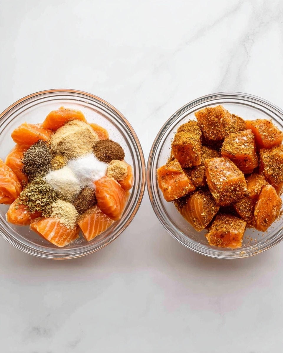 A clear glass bowl is placed on a white marbled surface, filled with raw salmon pieces of bright orange color. On top of the salmon, several dry spices and powders in light beige, white, dark brown, and black are neatly layered but not yet mixed. Next to this is the same clear glass bowl with the salmon pieces now coated evenly with the mixed spices, showing a rich orange-brown color and a slightly textured surface from the seasoning. The bowl and salmon stand out against the clean white marbled background photo taken with an iphone --ar 4:5 --v 7
