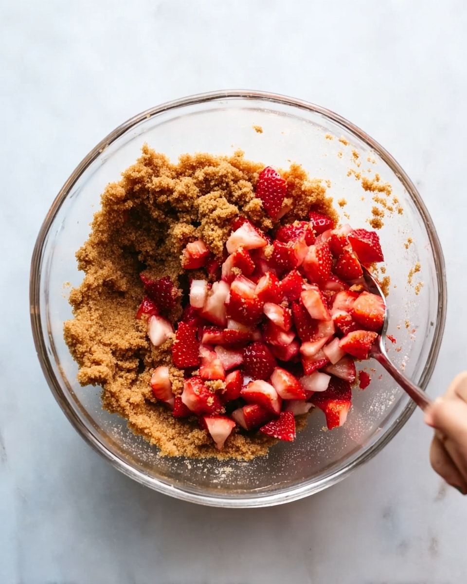 A clear glass bowl sits on a white marbled surface, containing two main layers of ingredients. One layer is a crumbly brown sugar mixture that covers most of the bowl's bottom and sides, with a rough, grainy texture. On top of and partially mixed into the crumbly layer, there are many small pieces of chopped fresh strawberries, bright red with some white pieces from the fruit flesh. A woman's hand is seen stirring the mixture using a spoon. The scene is brightly lit, showing the texture and freshness of the ingredients clearly. Photo taken with an iphone --ar 4:5 --v 7