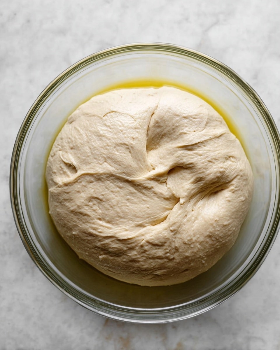 The image shows a single thick layer of pale beige dough rising inside a clear glass bowl. The dough has a smooth but slightly wrinkled texture, with some soft folds and small creases visible on the surface. A thin line of yellow olive oil surrounds the dough, creating a soft border between the dough and the bowl. The bowl rests on a white marbled surface, and the photo is taken closely to highlight the dough’s texture and size. photo taken with an iphone --ar 4:5 --v 7