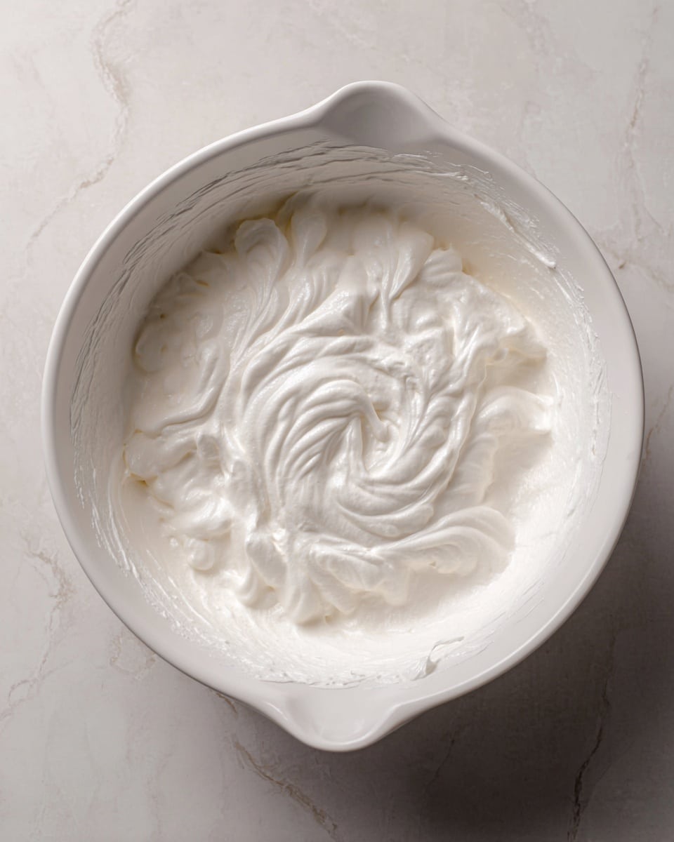 A top view of a white mixing bowl filled with smooth, thick whipped cream that has soft peaks and gentle swirls all over its surface. The bowl is placed on a white marbled surface, and the whipped cream looks light and airy with a creamy texture. Photo taken with an iphone --ar 4:5 --v 7