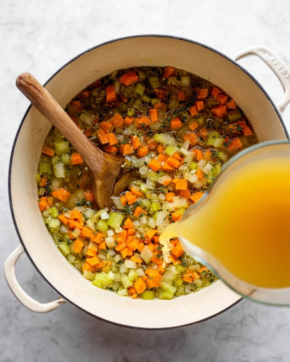 A white pot filled with a mix of diced orange carrots, light green celery, and translucent onions being cooked together, showing a soft and slightly wet texture with herbs sprinkled throughout. A wooden spoon rests inside the pot, stirring the vegetable mix, while a measuring cup is pouring clear yellow broth into the pot from the right side. The pot sits on a white marbled surface, and the scene is brightly lit. Photo taken with an iphone --ar 4:5 --v 7