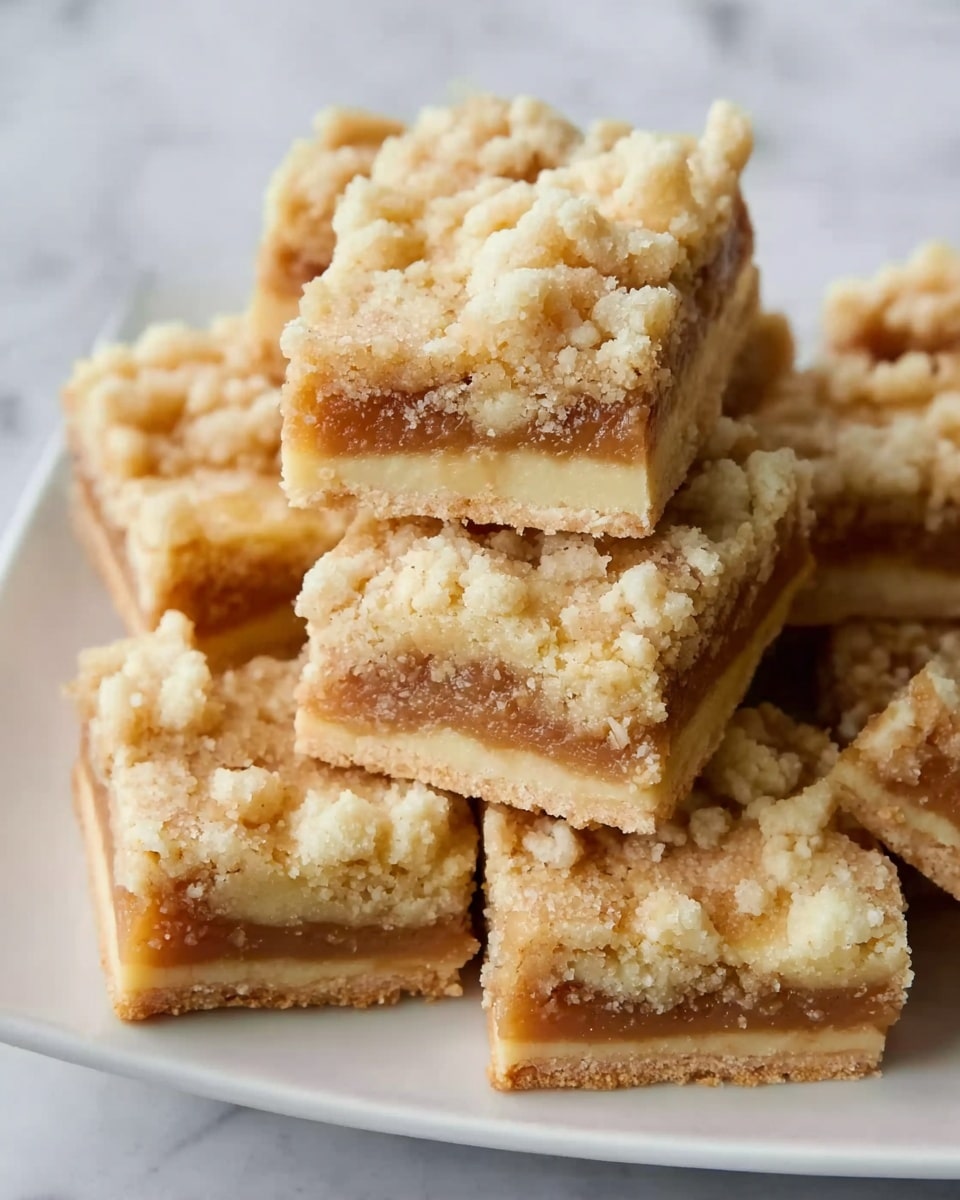 A white plate filled with square dessert bars stacked on top of each other, each bar showing three visible layers: a pale golden crumbly topping, a smooth light brown middle filling, and a firmer light golden base. The crumbly top layer appears soft and textured with small chunks, the middle layer is creamy and dense, and the bottom layer is solid and slightly thicker. The background is a white marbled surface. Photo taken with an iphone --ar 4:5 --v 7