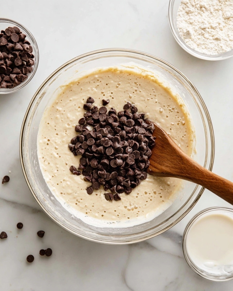 A large clear glass bowl sits on a white marbled surface, filled with light beige batter that has small bubbles showing it is mixed. On top of the batter is a pile of dark brown chocolate chips, centered in the bowl. A wooden spoon with a smooth brown handle rests inside the bowl, partially covered by the batter and chocolate chips. Nearby are two smaller clear glass bowls, one with a white substance and the other mostly empty with a few chocolate chips inside. The scene is bright with soft lighting, showing simple kitchen ingredients in a clean setting. photo taken with an iphone --ar 4:5 --v 7
