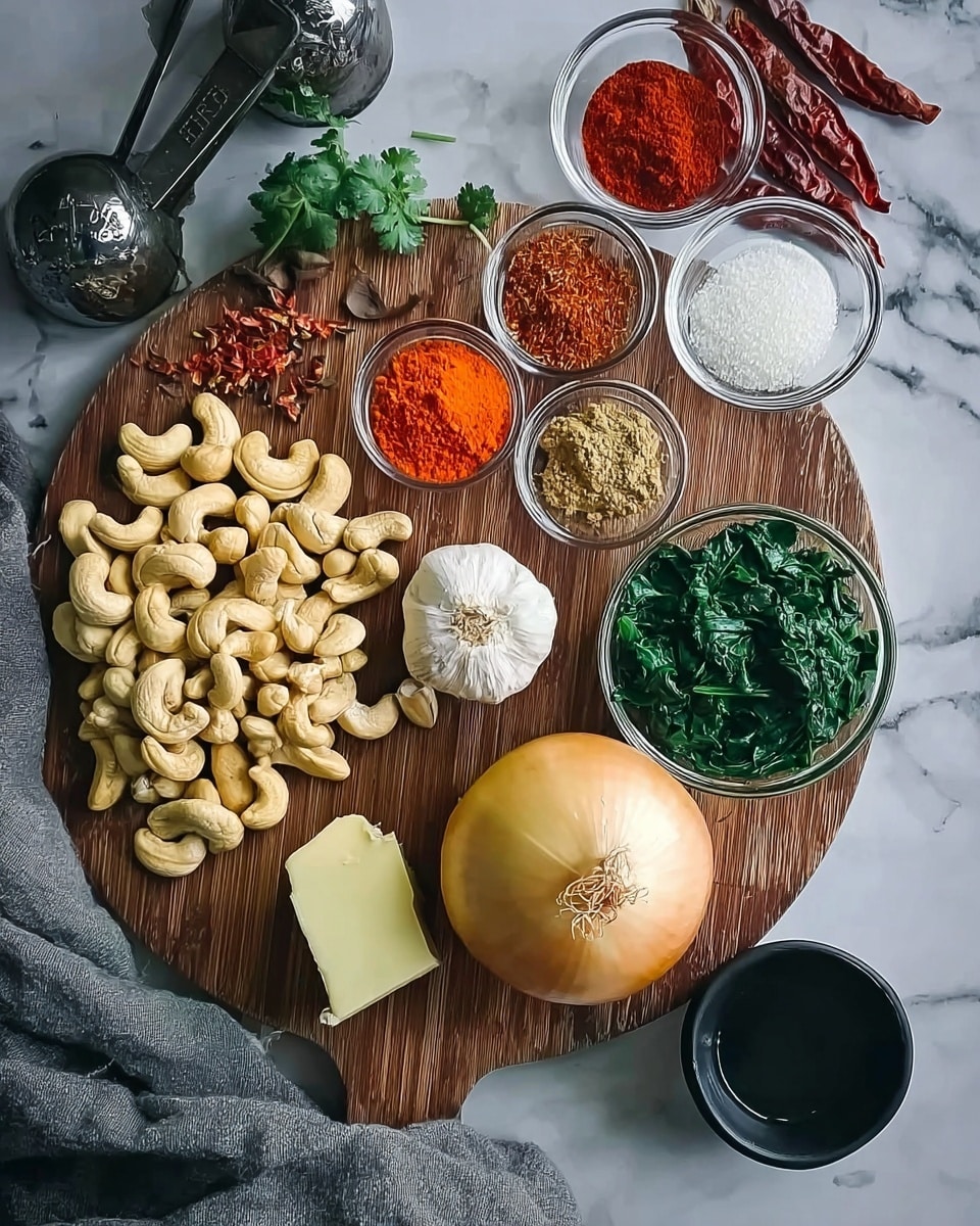 The image shows several ingredients arranged on a wooden board and white marbled surface. On the board, a large yellow onion with dry skin sits on the right side, next to a small piece of butter and two garlic cloves. A large pile of cashew nuts is placed on the left side of the board. Nearby, there is a small glass bowl with bright orange, red, and brown powders, and next to it, another glass bowl holds chopped green spinach. Above the board, there are three measuring spoons with different colored powders – one with red chili powder, another white one, and a third containing dried red chili peppers placed in a white bowl. On the side, a black bowl with a dark liquid is partially visible. A woman's hand holds the board on the left side. The background is a white marbled texture with a gray cloth. Photo taken with an iphone --ar 4:5 --v 7