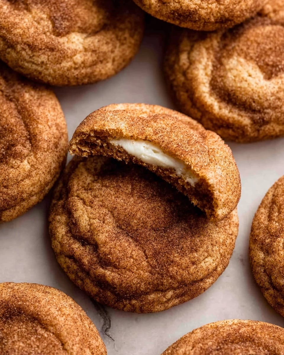 A group of round cookies with a rough, brown surface covered in cinnamon sugar. The cookies have a soft and slightly cracked texture on top. One cookie is in the center with a bite taken out, showing a white, creamy filling inside that contrasts with the darker brown outside. The cookies rest closely together on a flat surface with a white marbled texture. photo taken with an iphone --ar 4:5 --v 7
