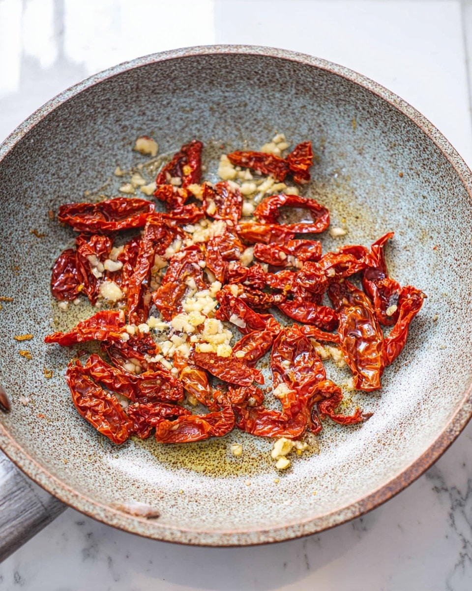 The image shows a speckled gray frying pan with a rustic look, placed on a white marbled surface. Inside the pan, there are thin, uneven strips of red sun-dried tomatoes scattered in a loose circle. Small bits of minced garlic are spread on top of the tomatoes, all glistening slightly with olive oil that creates a shiny texture on the pan's surface. The colors mostly include deep reds, some orange hues in the tomatoes, creamy white bits of garlic, and the gray pan with brown speckles. Photo taken with an iphone --ar 4:5 --v 7