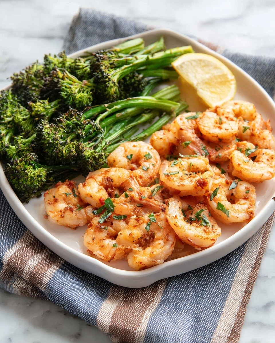 The image shows a white round plate with two main layers of food on a white marbled surface. The first layer on the left side is a bunch of bright green roasted broccoli with a slightly charred texture. The second layer, taking up most of the right side, is a heap of orange-pink cooked shrimp with a light grill mark, garnished with small pieces of green herbs. Behind the shrimp, there is a wedge of lemon with a pale yellow color placed near the edge of the plate. The plate rests on a folded striped cloth with blue, brown, and white tones. Photo taken with an iphone --ar 4:5 --v 7