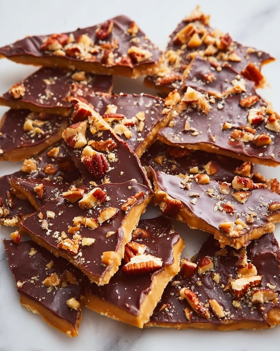 The image shows multiple pieces of toffee bark laid out over a white marbled surface. Each piece has two main layers: a crunchy golden brown toffee base on the bottom and a smooth, dark chocolate layer on top. The chocolate layer is glossy with some texture, spread evenly across the toffee. Scattered over the chocolate are small, uneven pieces of light brown pecans, adding a crunchy texture and contrasting color to the dark chocolate. The pieces are irregular in shape and size, overlapping slightly in a casual arrangement. Photo taken with an iphone --ar 4:5 --v 7