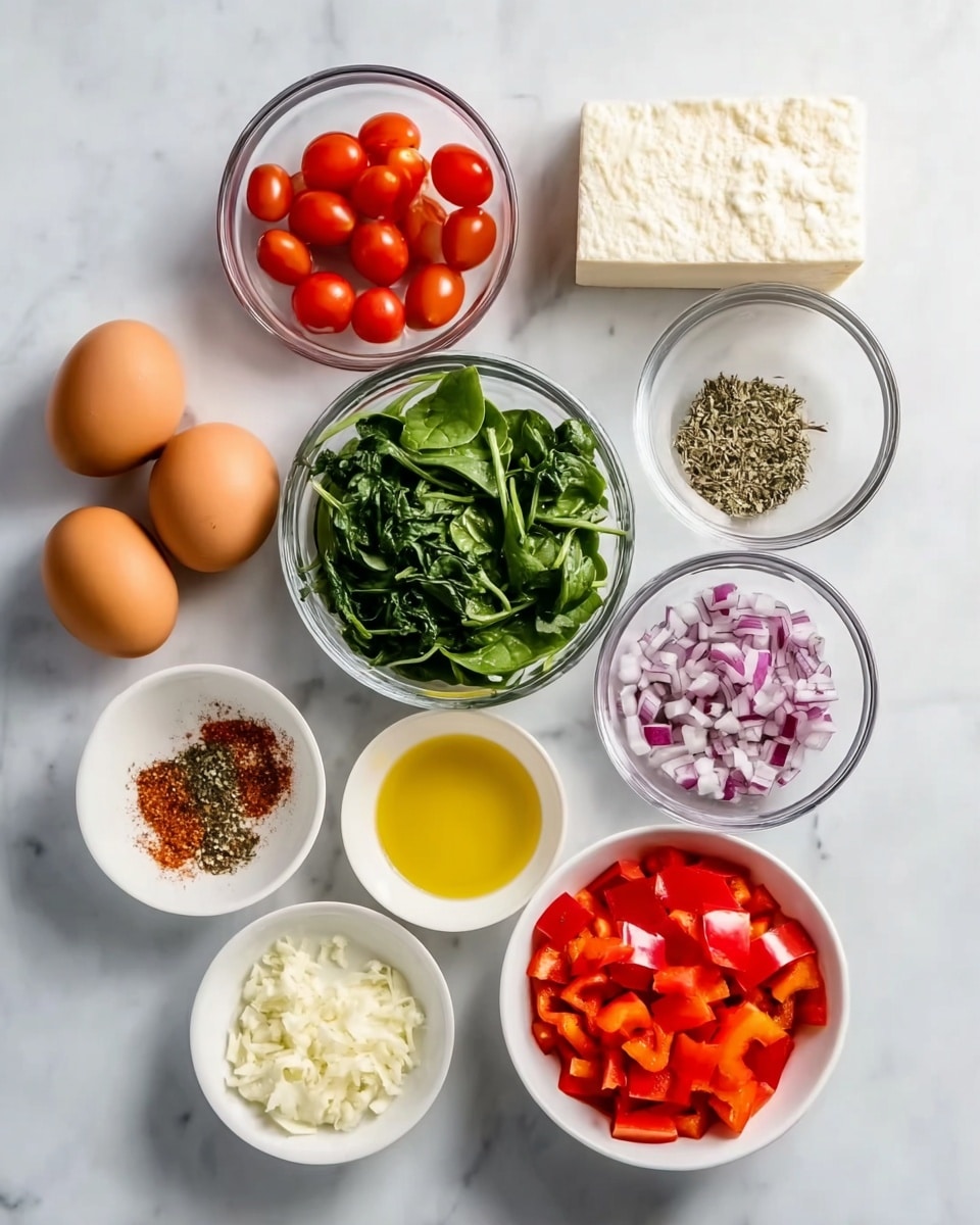 The image shows eight bowls and one block of cheese arranged on a white marbled surface. Starting from the top left, the first bowl is clear and filled with small red cherry tomatoes. To its right, there are three brown eggs placed directly on the surface. Below the eggs is a small bowl with golden yellow oil. At the center, a clear bowl contains fresh green leafy spinach. To the right of the spinach, another clear bowl holds finely chopped red onion with purple and white colors. At the bottom right, a white bowl is full of diced red bell peppers. To the left of the peppers, a small clear bowl holds minced white garlic. On the bottom left, a small white bowl contains a mixture of dried herbs and spices, including red chili flakes and black pepper. Above this bowl is a white block of cheese with a rough texture, likely Parmesan. Photo taken with an iphone --ar 4:5 --v 7