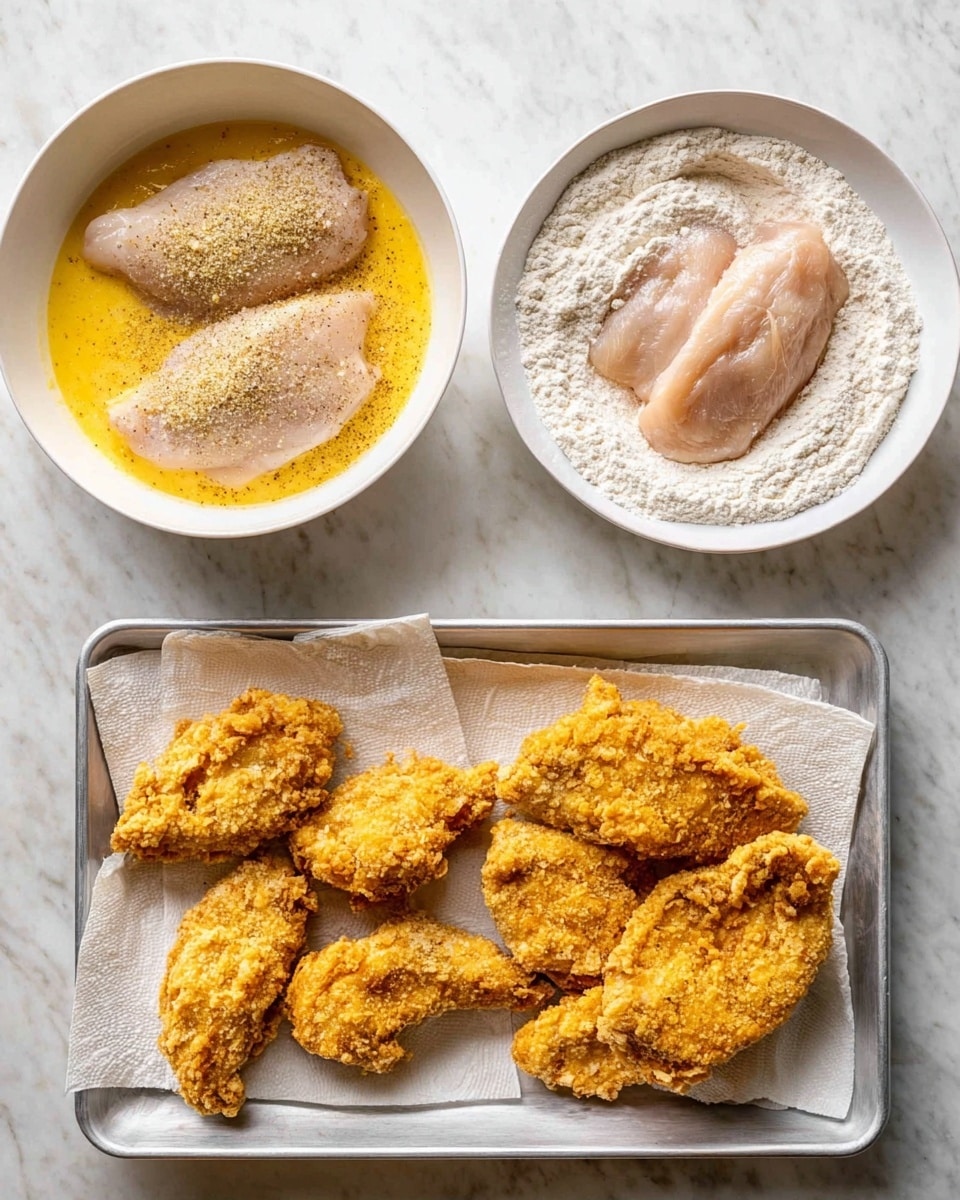 The image shows three stages of coating chicken. On the left side, a white bowl contains raw chicken with yellow egg mixture mixed with seasoning, and above it, another white bowl has a raw chicken piece lying on white breadcrumb flour. On the bottom right, a white tray holds two pieces of chicken fully coated in breadcrumbs. On the right side of the image, a silver tray lined with white paper towels holds seven golden brown, crispy fried chicken pieces, each with a crunchy texture. All items are set on a white marbled surface. Photo taken with an iphone --ar 4:5 --v 7