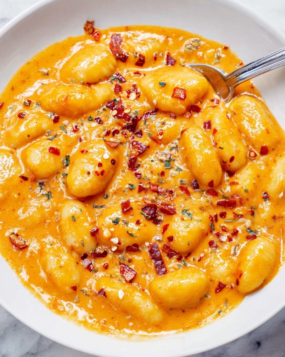 The image shows a close-up of a white bowl filled with a creamy, bright orange sauce mixed with plump, light yellow gnocchi. The sauce looks smooth and thick, coating each gnocchi piece well. Small bits of red chili flakes and herbs are sprinkled on top, adding texture and color contrast. A silver spoon is partially visible on the right side, stirring the dish. The bowl rests on a white marbled surface. photo taken with an iphone --ar 4:5 --v 7