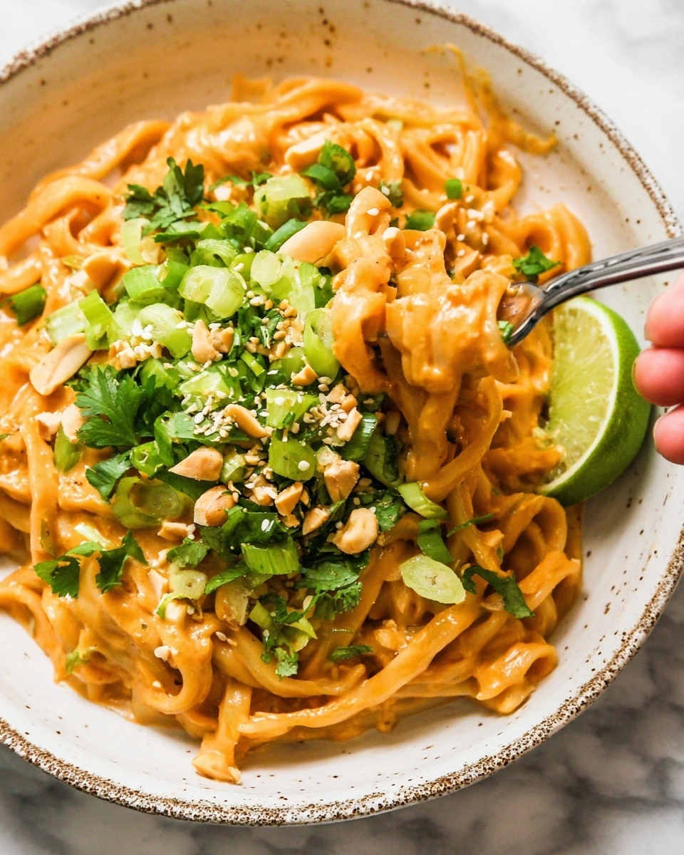 The image shows a close-up of thick noodles covered in a rich, creamy orange sauce inside a white bowl with a rustic speckled rim. The noodles are slightly tangled and lifted by a woman's hand, adding a sense of motion. On top of the noodles, there is a generous layer of bright green chopped scallions mixed with fresh parsley, along with pieces of chopped peanuts and small sesame seeds scattered around. A wedge of lime rests on the side inside the bowl, adding a fresh touch. The bowl is placed on a white marbled surface. photo taken with an iphone --ar 4:5 --v 7