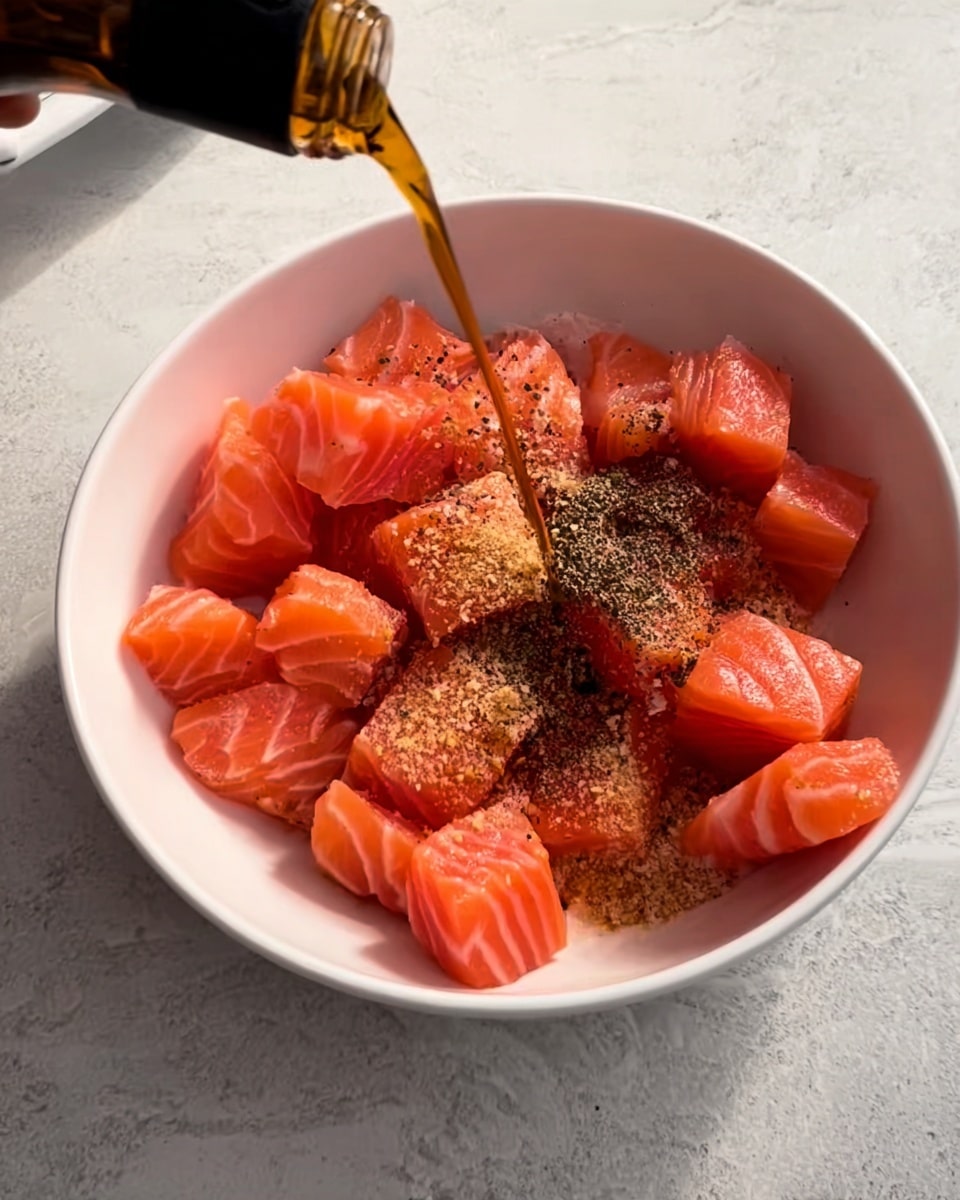 The image shows a white bowl filled with multiple chunks of bright pink and orange raw salmon. On top of the salmon pieces, there is a scattering of light brown and black spices. A dark brown liquid is being poured from a bottle into the bowl. The bowl rests on a surface with a white marbled texture, and a woman's hand is holding the bottle. Photo taken with an iphone --ar 4:5 --v 7