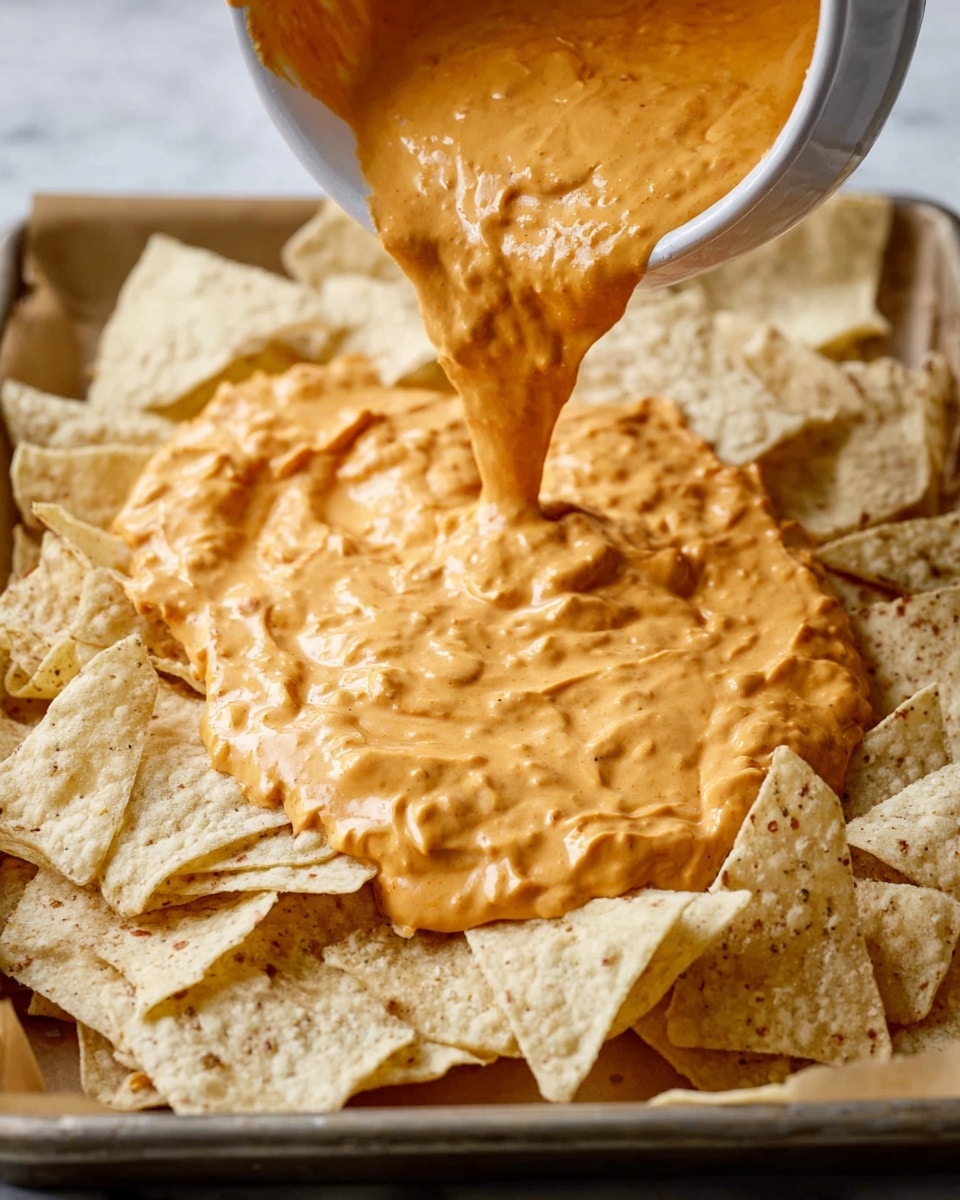 In the image, a thick orange dip with a creamy and chunky texture is being poured from a white bowl onto a layer of light beige tortilla chips spread out on a tray lined with parchment paper. The chips have a rough, crisp texture with some small darker specks. The orange dip is rich and covers most of the chips in the center while the edge chips remain dry. The background surface is a white marbled texture. photo taken with an iphone --ar 4:5 --v 7