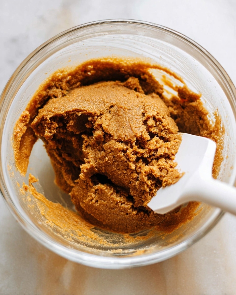 A close-up image showing a glass bowl filled with thick, brown cookie dough that has a slightly grainy texture. The dough is partly scooped in the middle, revealing a dense, rough surface, and a white spatula is dipped into the dough at the edge of the bowl. The bowl is placed on a white marbled surface. photo taken with an iphone --ar 4:5 --v 7