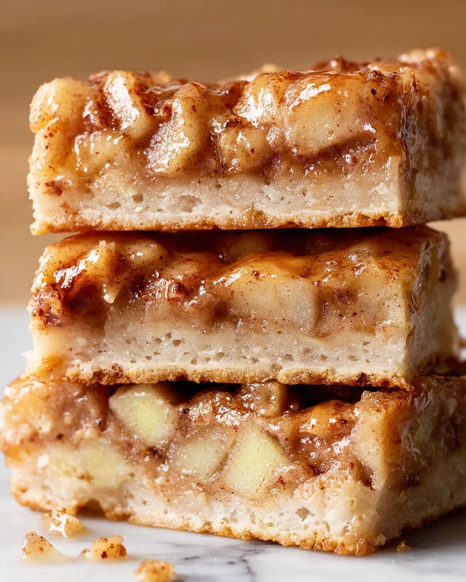 The image shows a close-up of three stacked dessert squares, each consisting of two layers of soft, light beige cake with a moist texture, separated by a thick layer of finely chopped cinnamon-spiced apples swirling with a sticky, shiny glaze. The top layer is glossier with a similar apple and cinnamon filling spreading slightly over it, highlighting the sugary, caramelized bits that add a rich brown and golden color contrast. Small apple pieces and cinnamon specks are visible throughout, with a few pieces scattered on the white marbled surface beneath. The lighting emphasizes the moist and sticky texture of the dessert. photo taken with an iphone --ar 4:5 --v 7