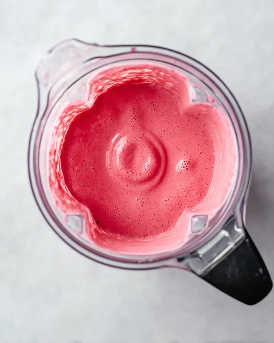 A clear blender jar filled with a smooth, bright pink mixture. The mixture has a soft, creamy texture with small air bubbles and slight swirls visible on the surface. The blender is placed on a white marbled surface, and its black handle is visible on the right side. The overall look is fresh and vibrant, showing the mixture ready to be poured or used. photo taken with an iphone --ar 4:5 --v 7
