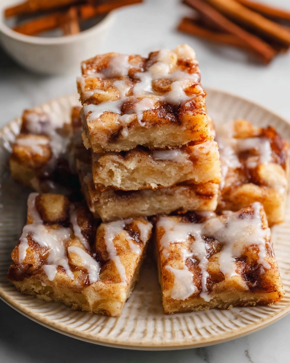 The image shows a stack of six square cinnamon roll bars arranged on a white plate with subtle hammered texture. Each bar is thick with visible layers of light golden dough and a cinnamon-spiced filling, topped with a light drizzle of white icing that softly glistens. The cinnamon filling creates swirled patterns of brown color, contrasting with the soft, slightly shiny dough. The top textures look a bit crisp and caramelized in spots. The plate sits on a white marbled surface with some cinnamon sticks partially visible in a white bowl in the background, adding a warm touch. photo taken with an iphone --ar 4:5 --v 7