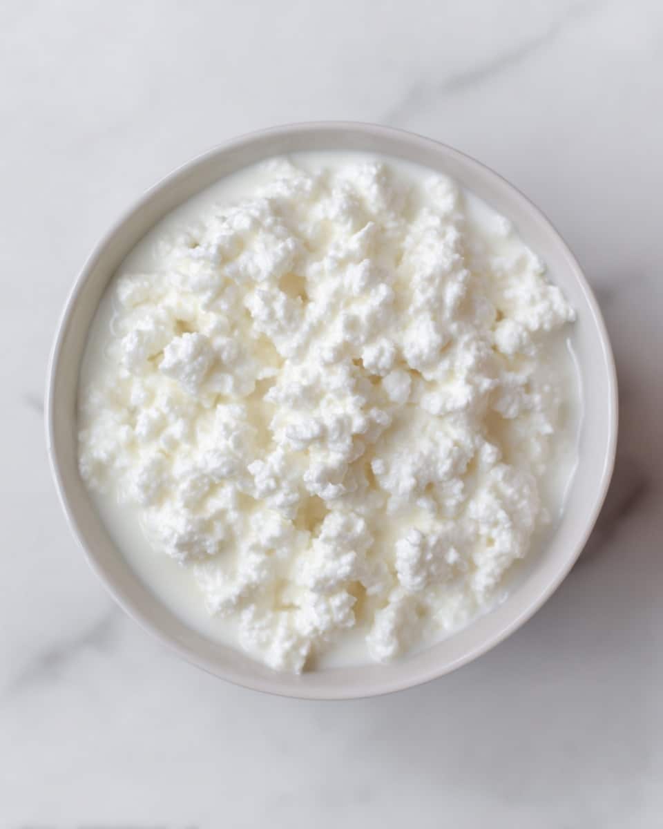 A top view of a white bowl filled with creamy cottage cheese, showing small, soft curds covered in a smooth, milky layer. The bowl sits on a white marbled surface, creating a clean and simple background that highlights the texture of the cottage cheese. The curds have a lumpy and slightly shiny look, with an overall white color in soft contrast with the white bowl photo taken with an iphone --ar 4:5 --v 7